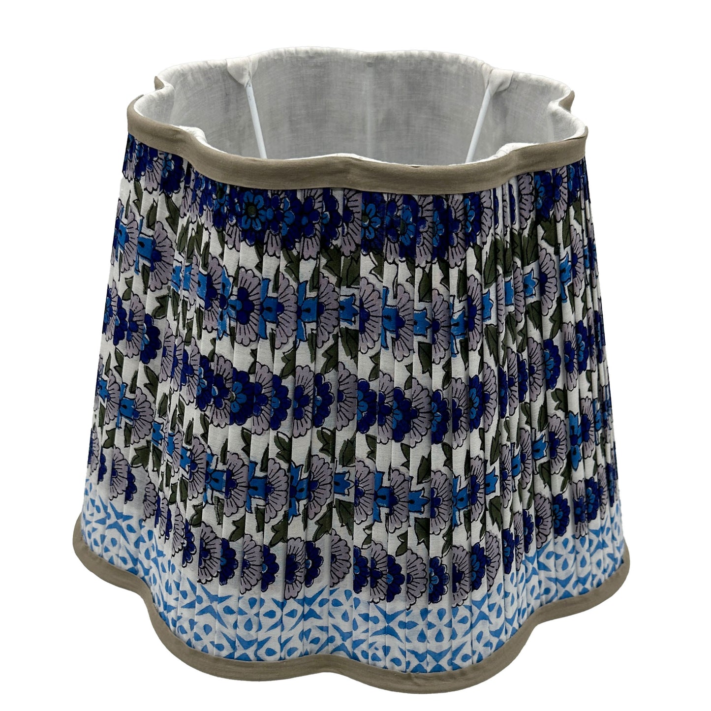 Poppy Pleated Cotton Block Printed Scallop Lampshade in Blue