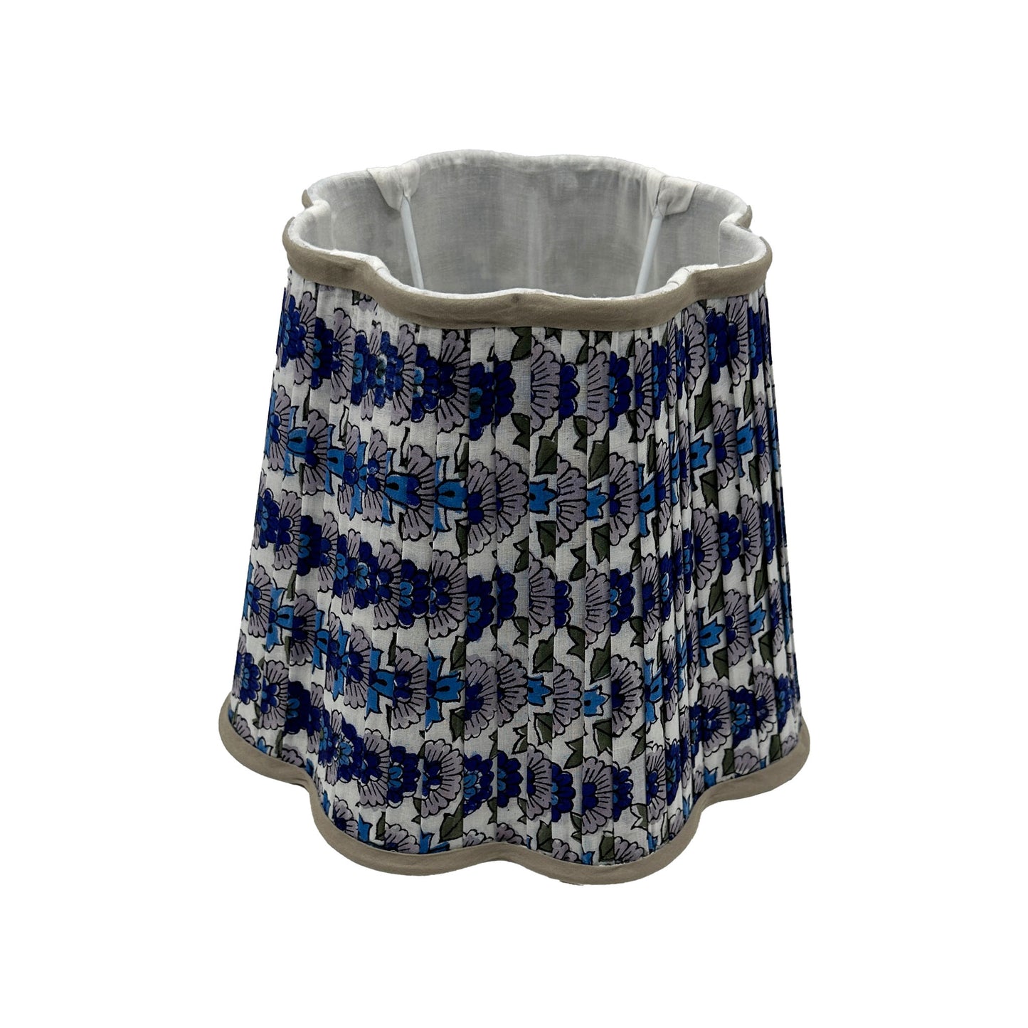 Poppy Pleated Cotton Block Printed Scallop Lampshade in Blue