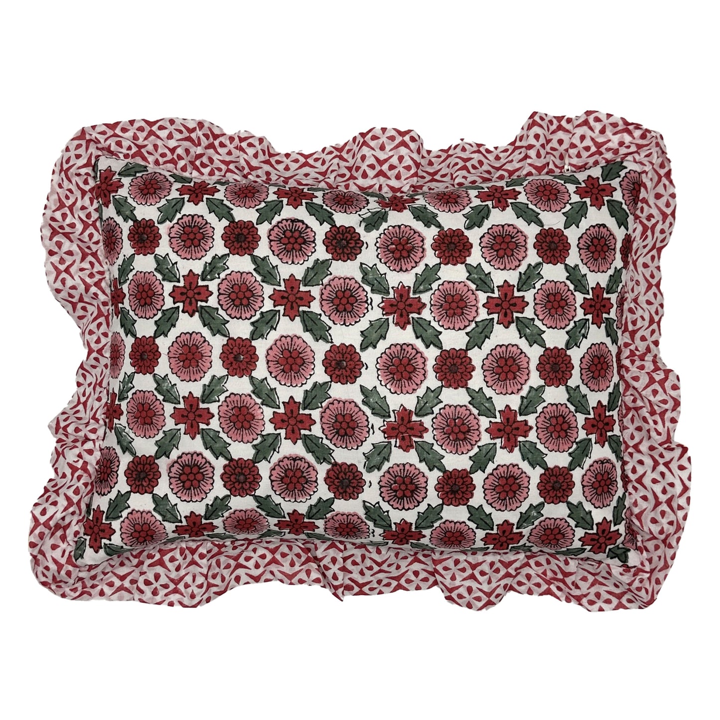 Hand block frilled cotton cushion - Poppy in Red