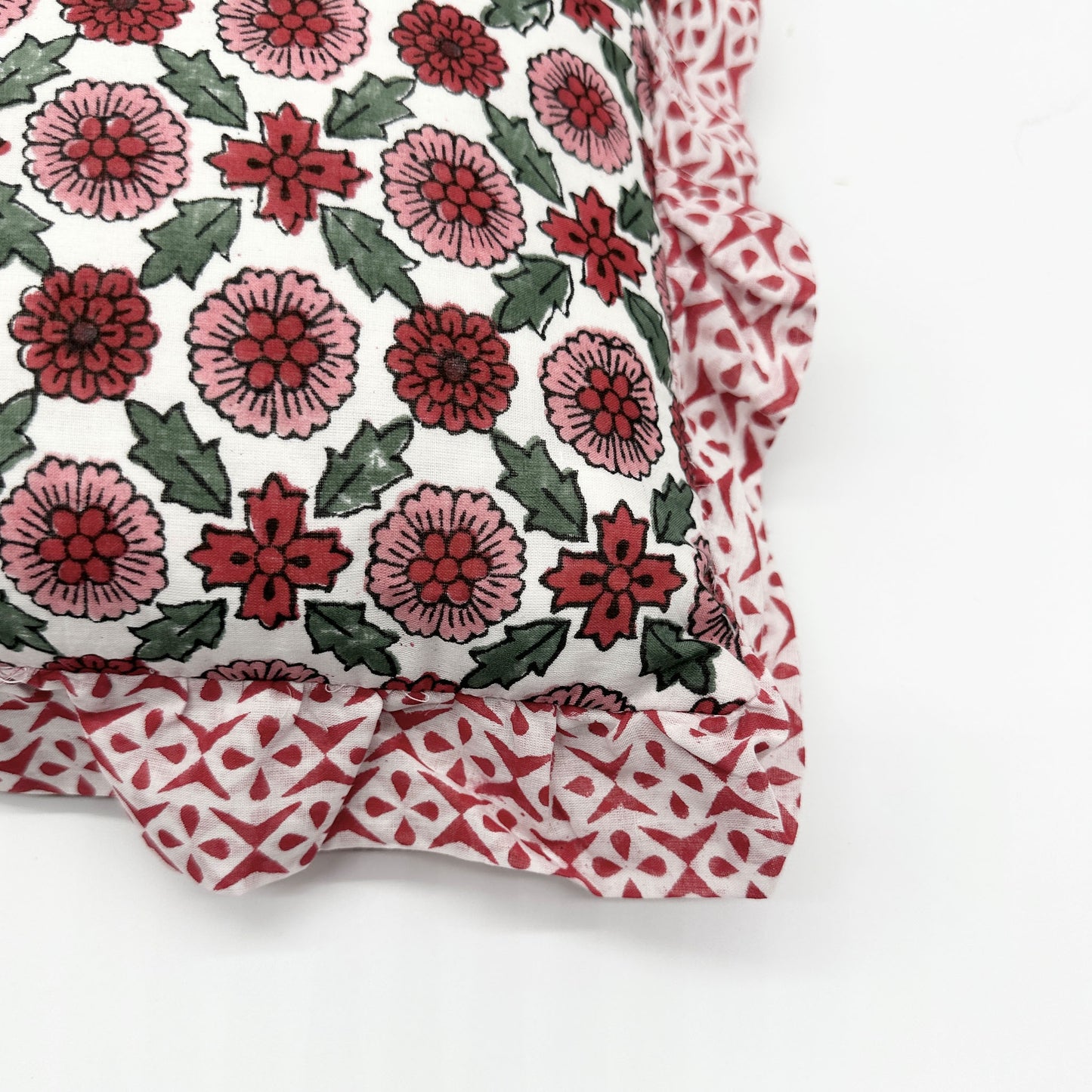 Hand block frilled cotton cushion - Poppy in Red