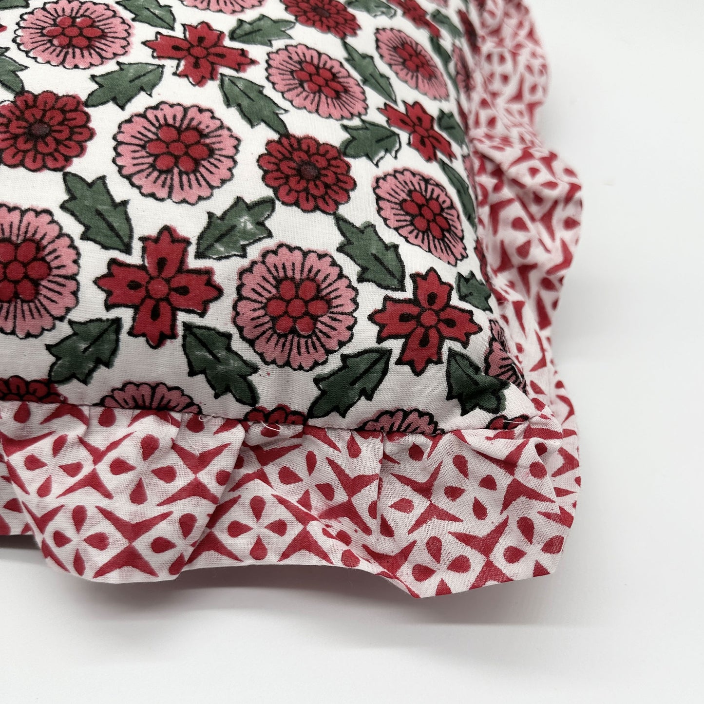 Hand block frilled cotton cushion - Poppy in Red
