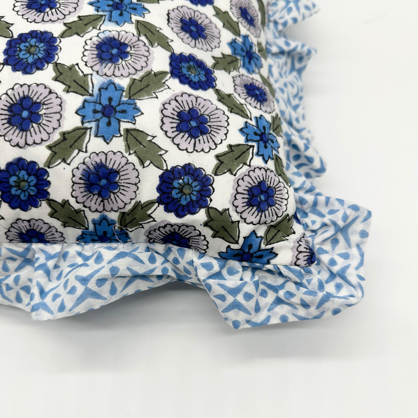Hand block frilled cotton cushion - Poppy in Blue
