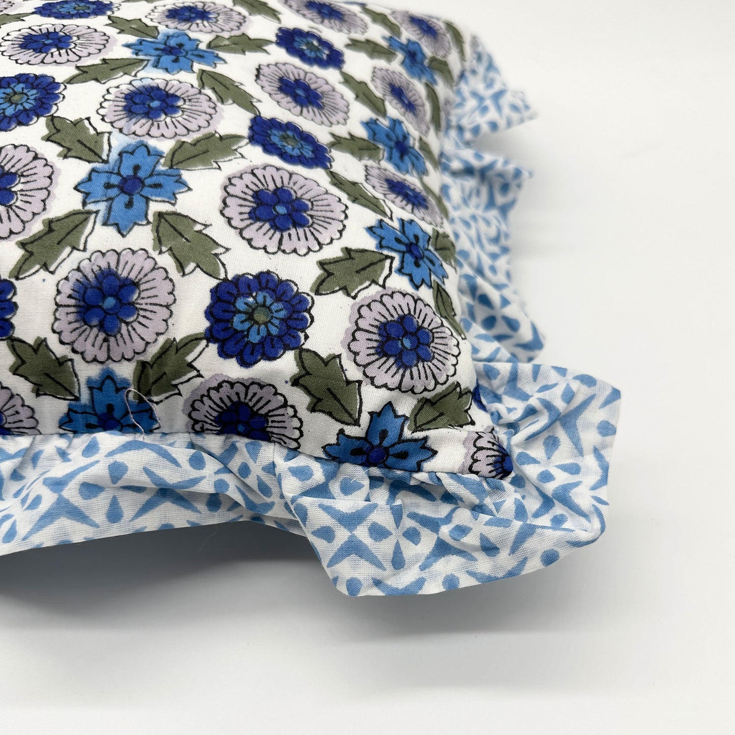 Hand block frilled cotton cushion - Poppy in Blue
