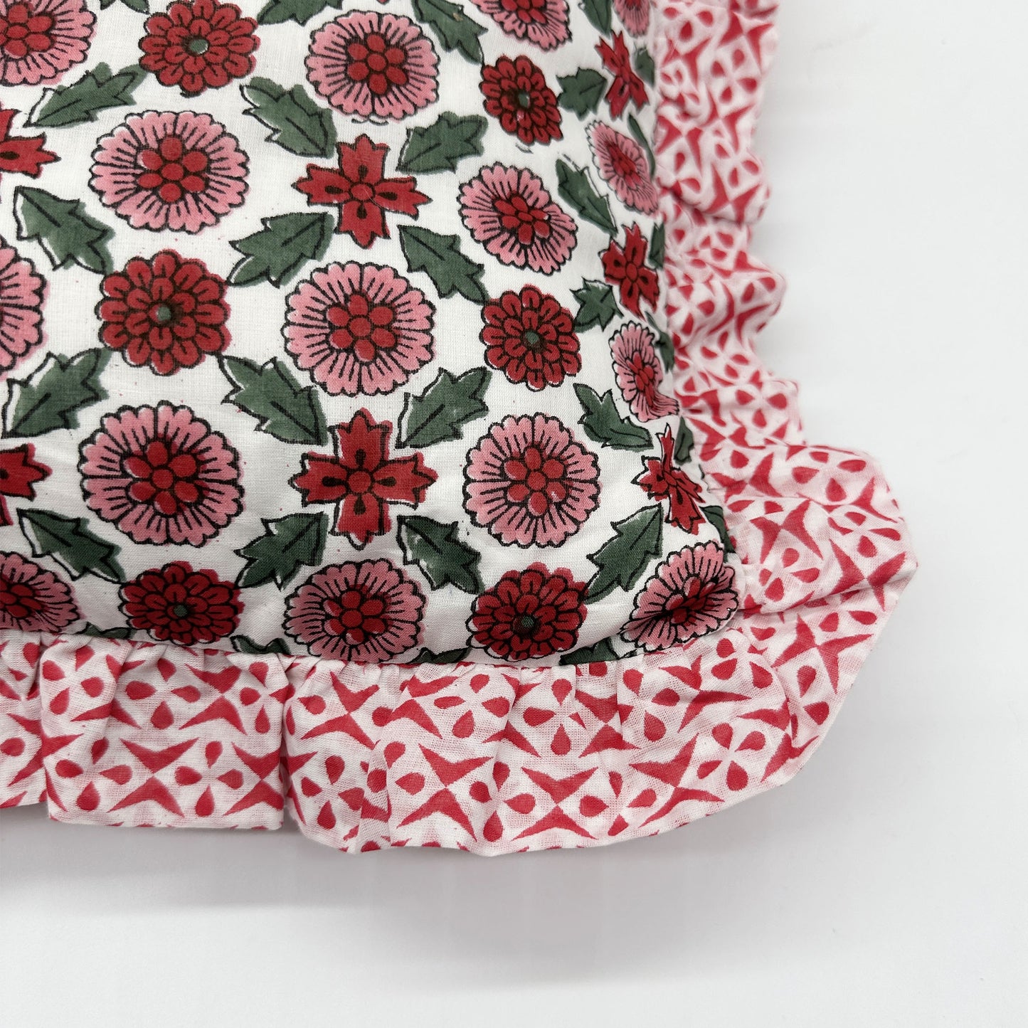 Large hand block frilled cotton cushion - Poppy in Red