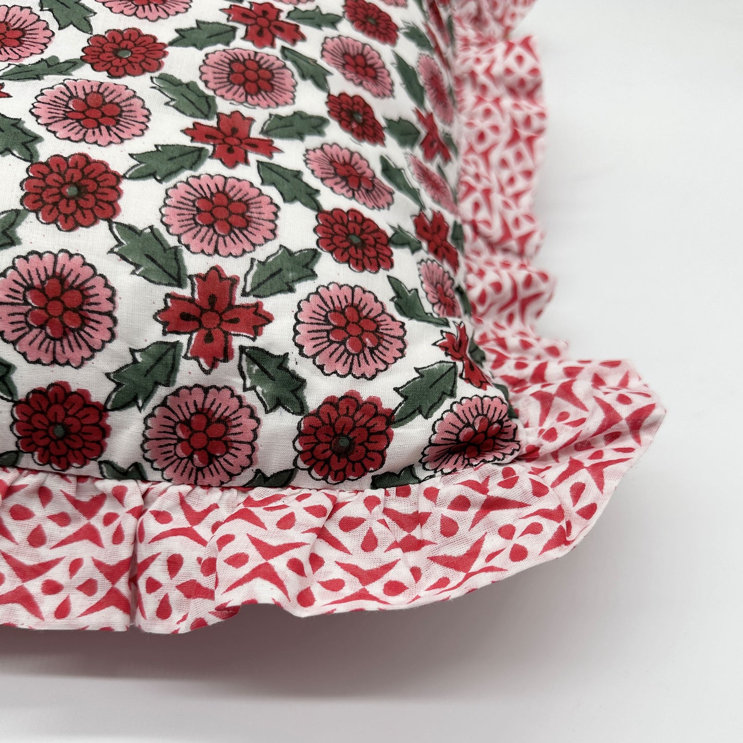 Large hand block frilled cotton cushion - Poppy in Red
