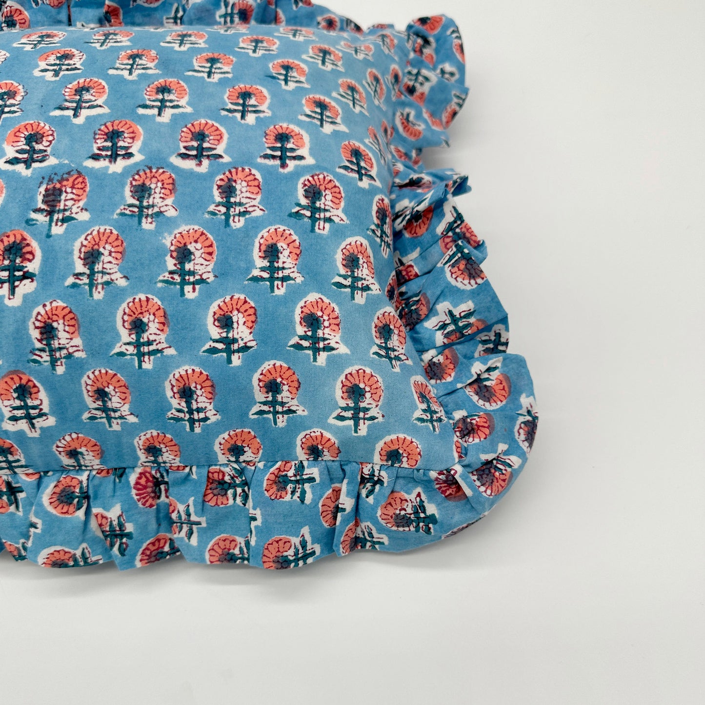 Hand block frilled cotton cushion - Susie