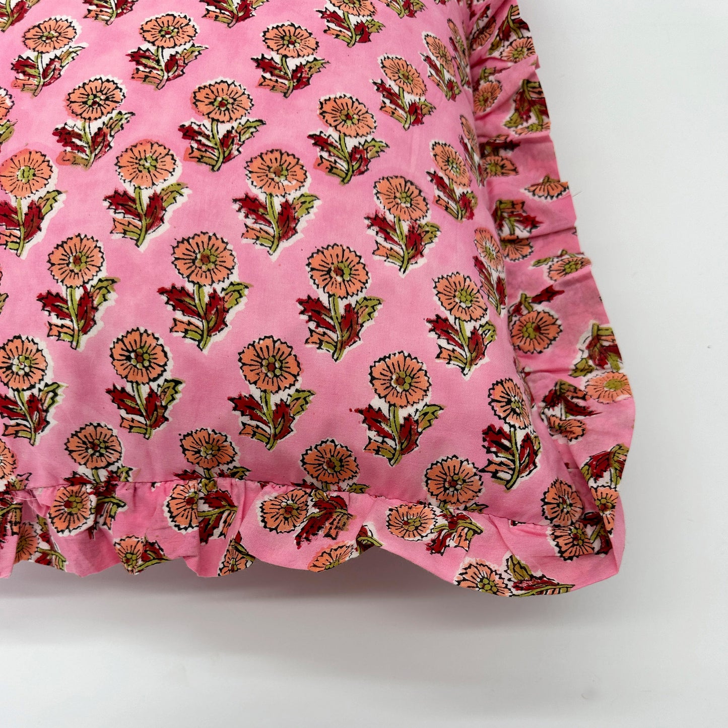 Large hand block frilled cotton cushion - Tess