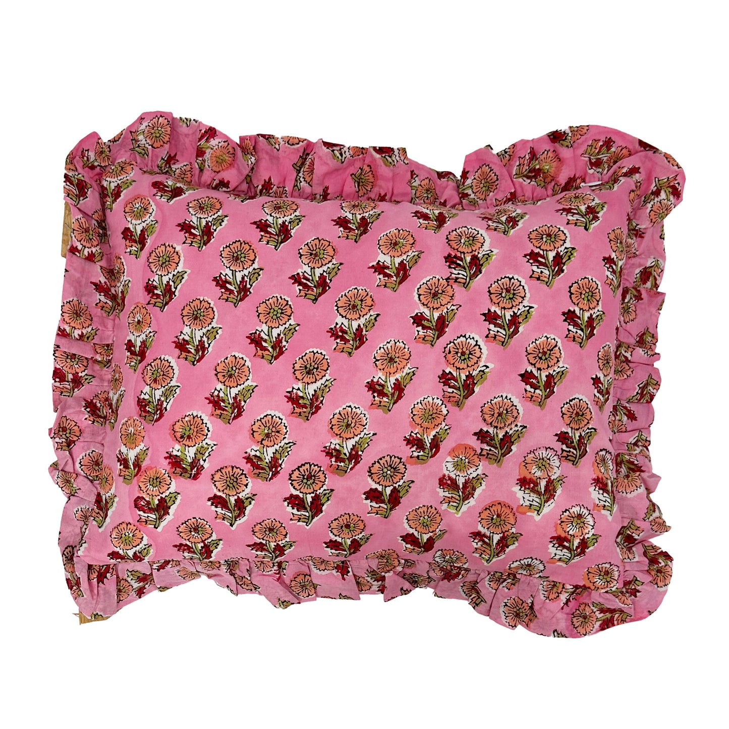 Hand block frilled cotton cushion - Tess