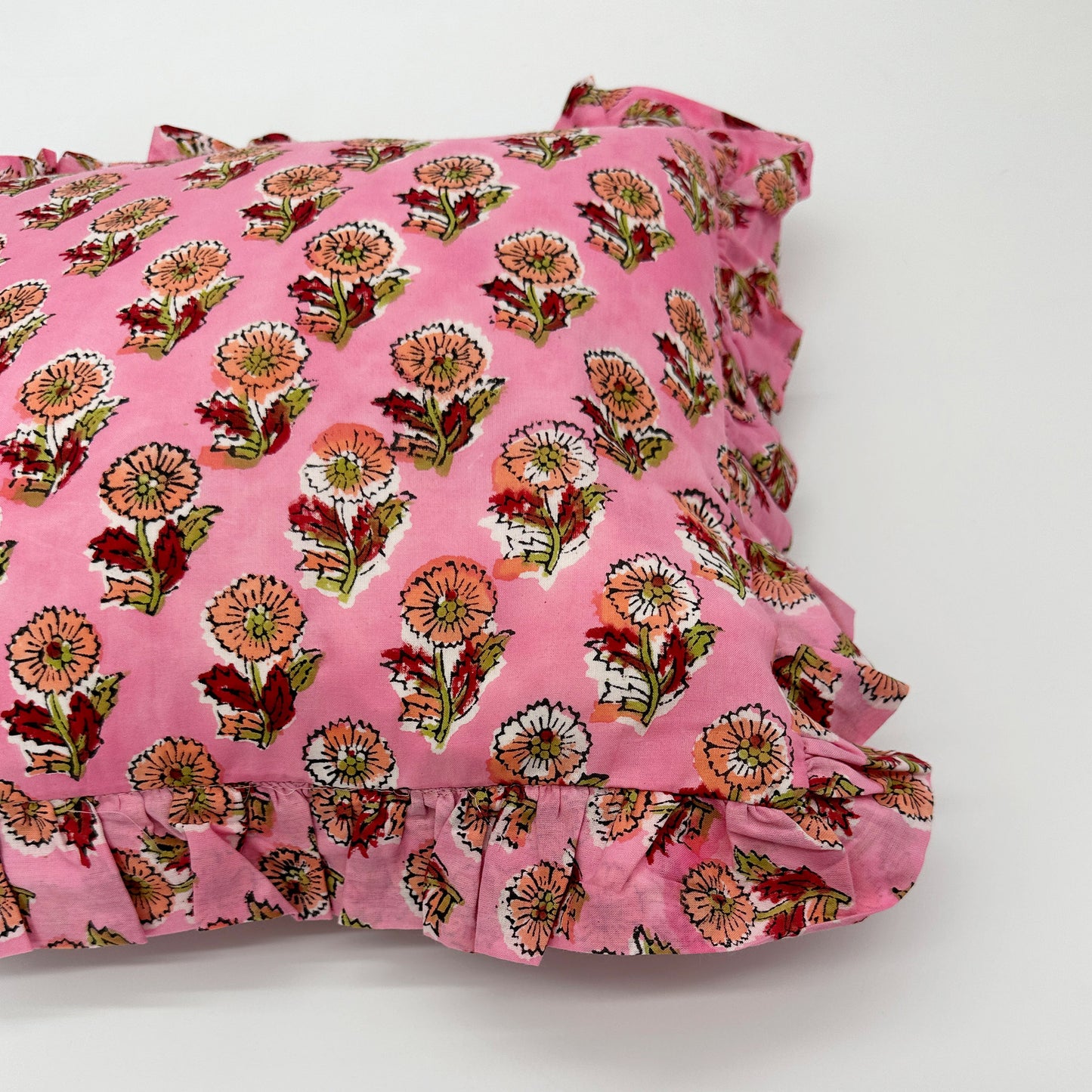 Hand block frilled cotton cushion - Tess