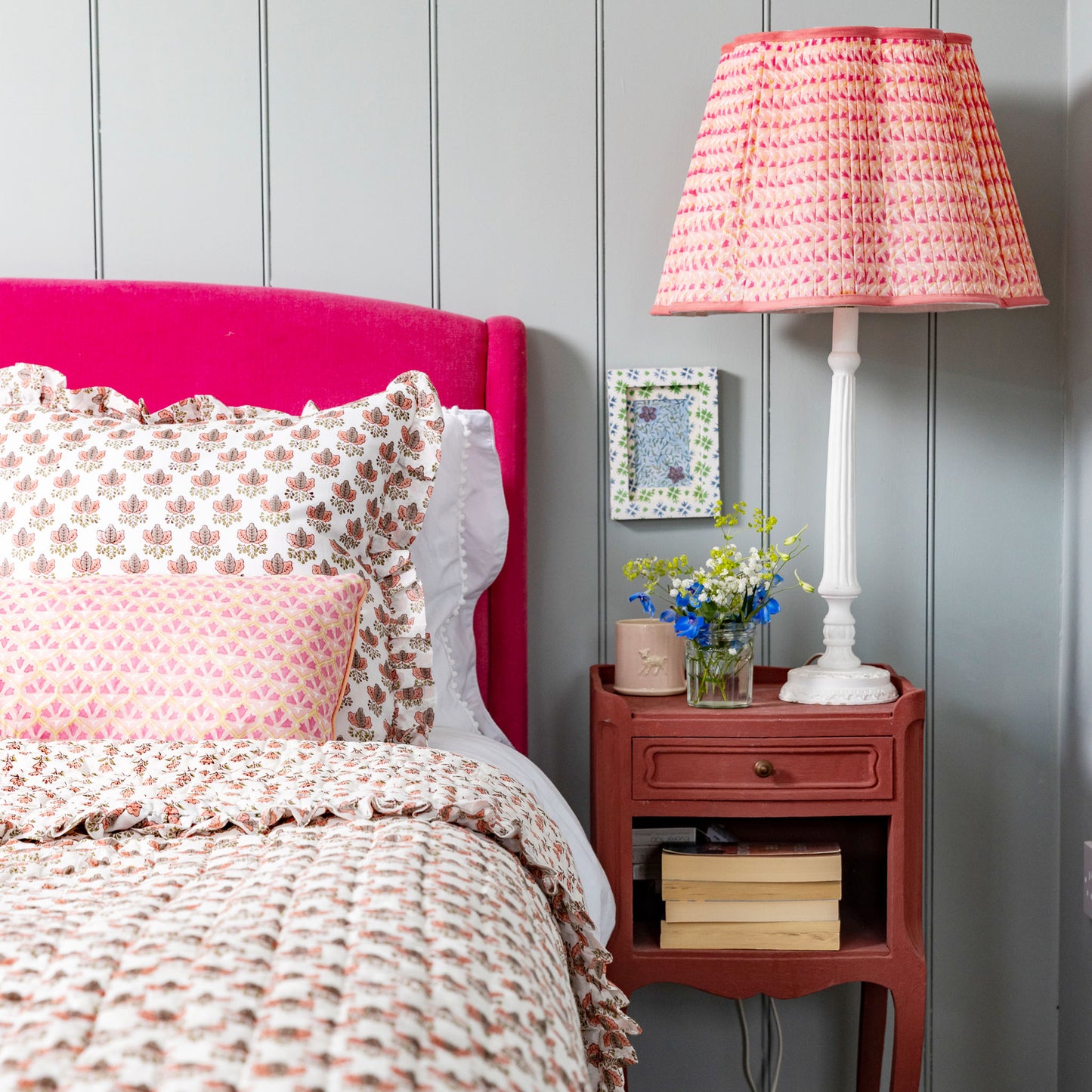 Annie Pleated Cotton Block Printed Scallop Lampshade