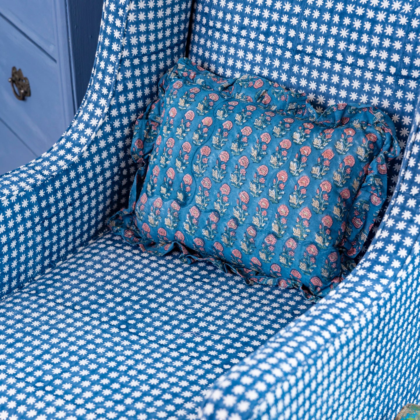 Hand block frilled cotton cushion - Gloria