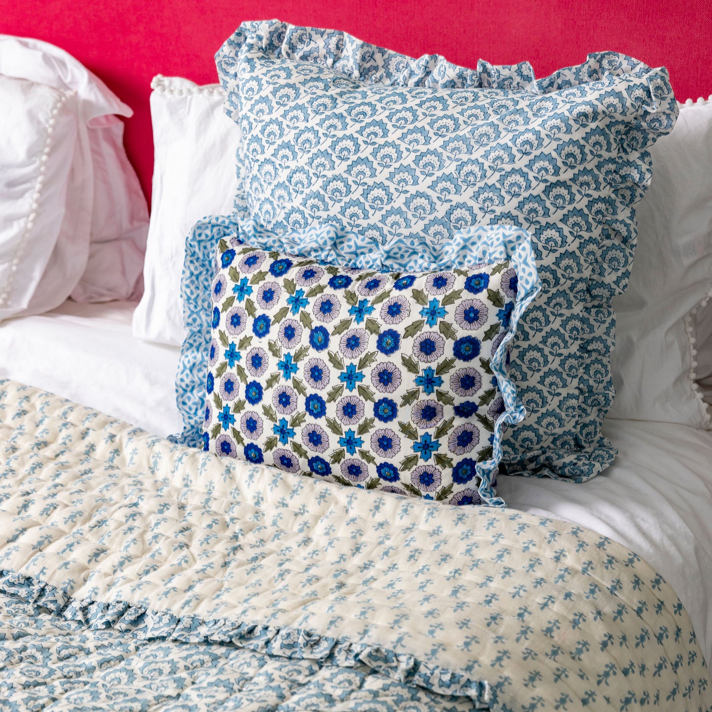 Large hand block Jennie Cotton Cushion in Pale Blue