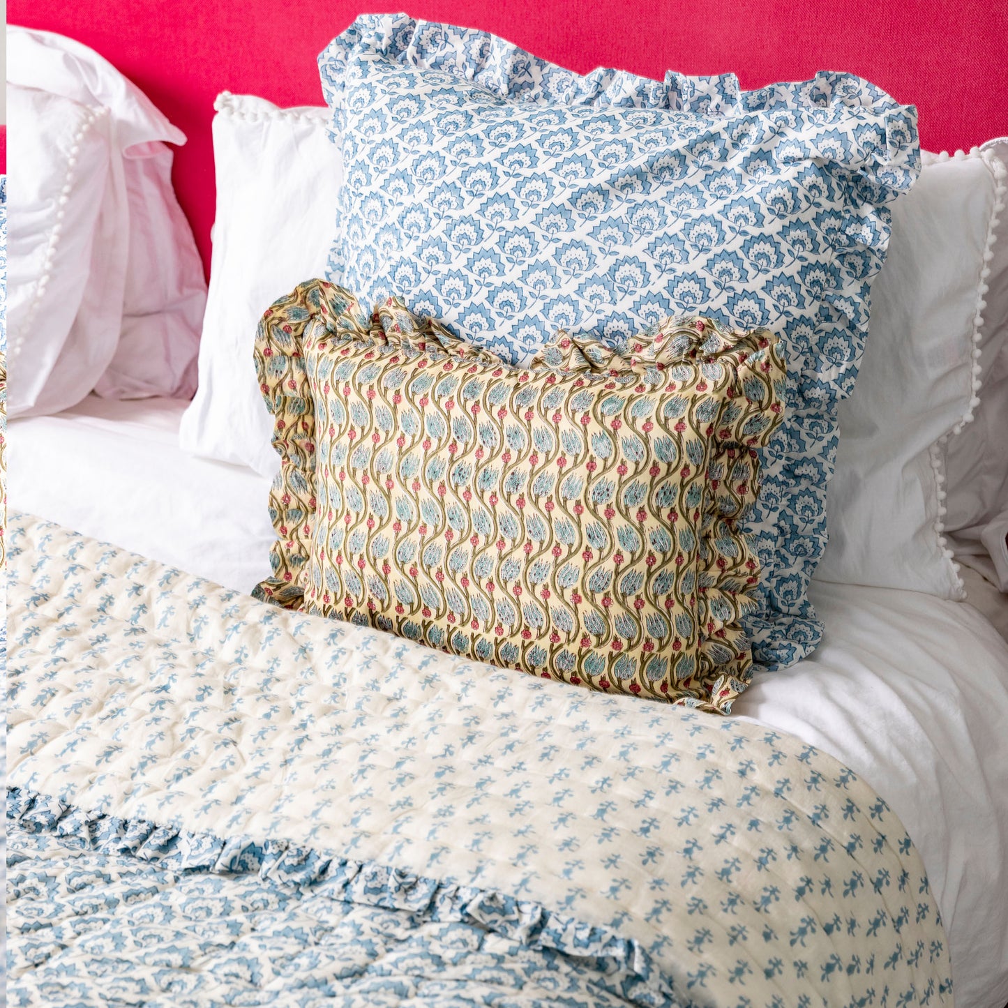 Large hand block Jennie Cotton Cushion in Pale Blue