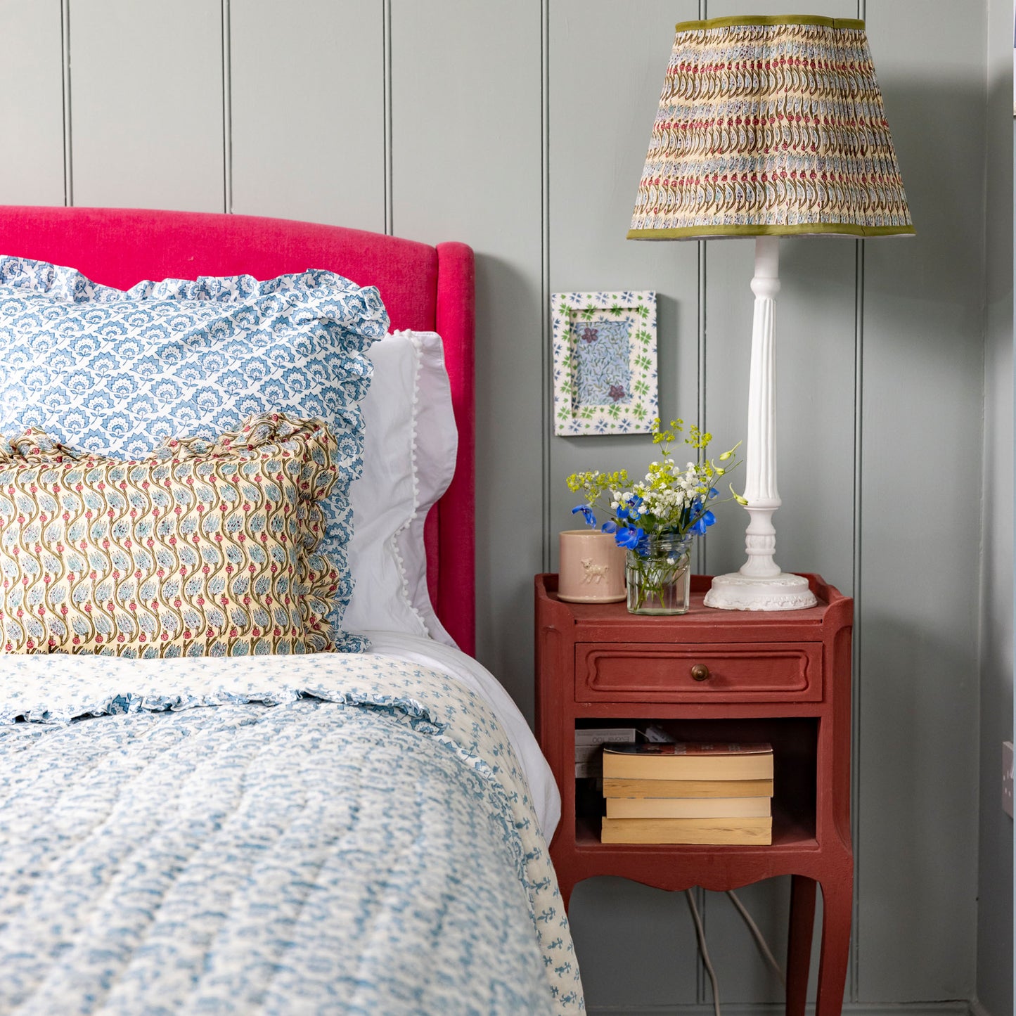 Large hand block Jennie Cotton Cushion in Pale Blue