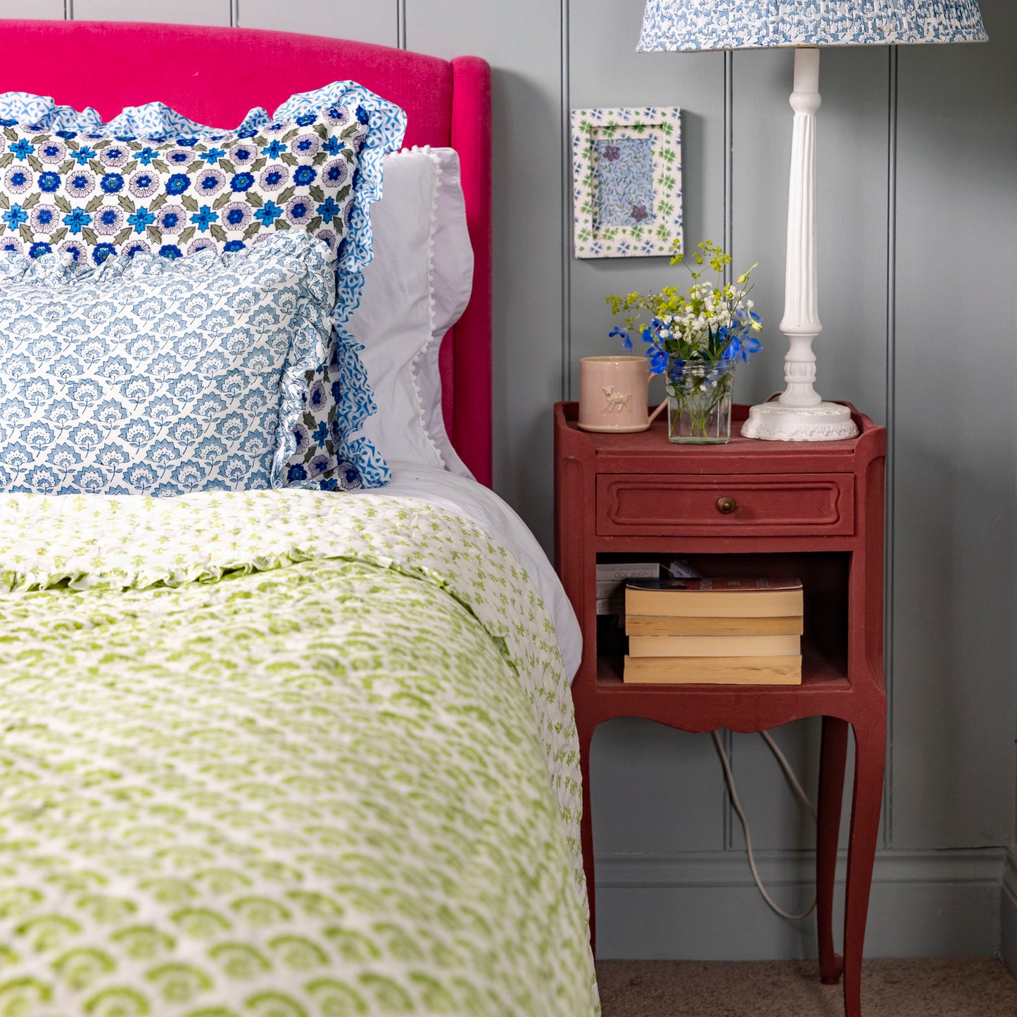 Hand block frilled cotton cushion - Jennie in Pale Blue