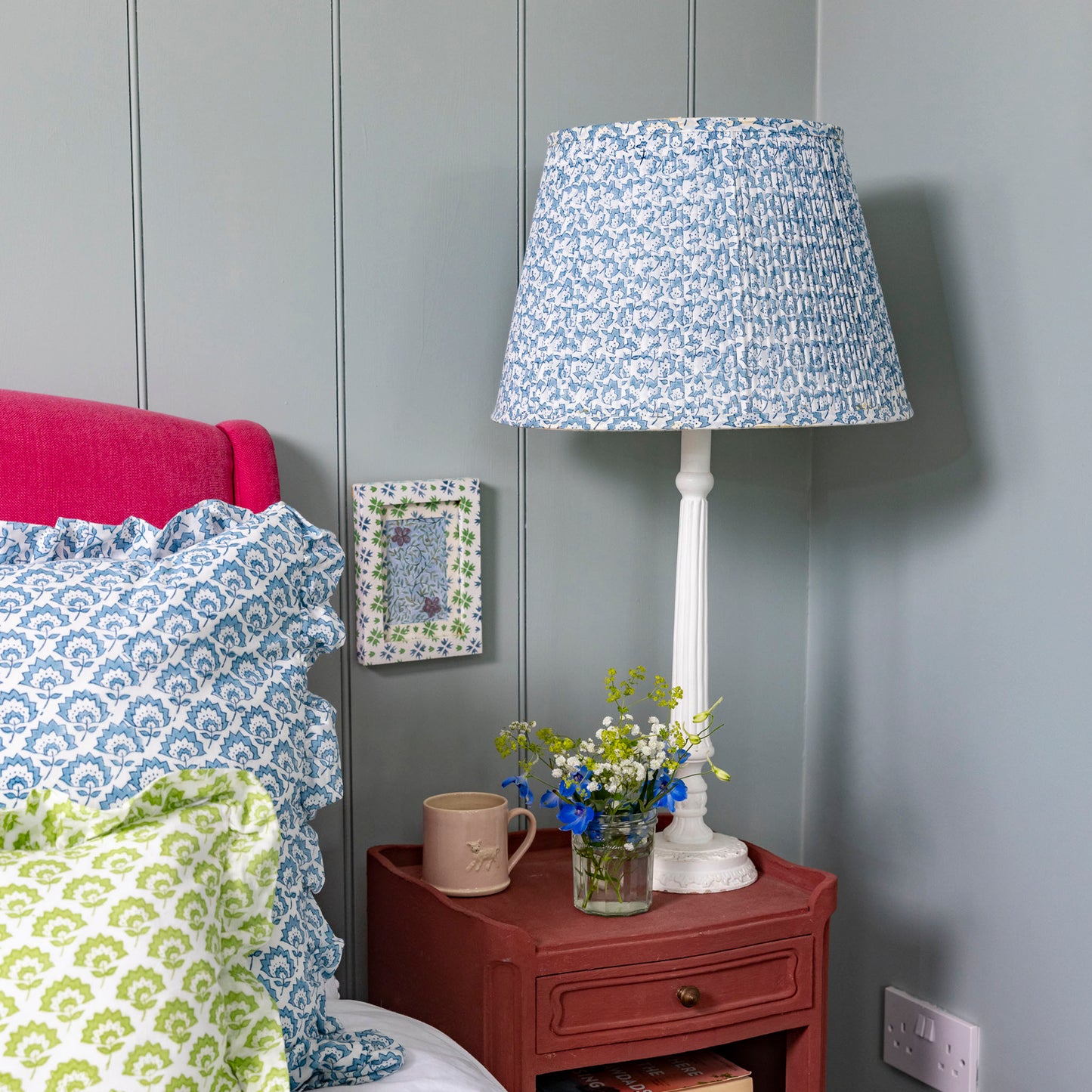 Jennie Gathered Cotton Block Printed Lampshade in Pale Blue