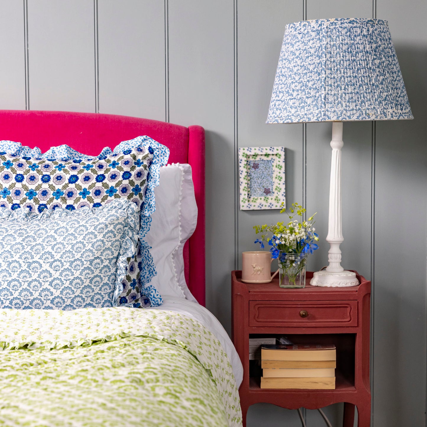 Jennie Gathered Cotton Block Printed Lampshade in Pale Blue