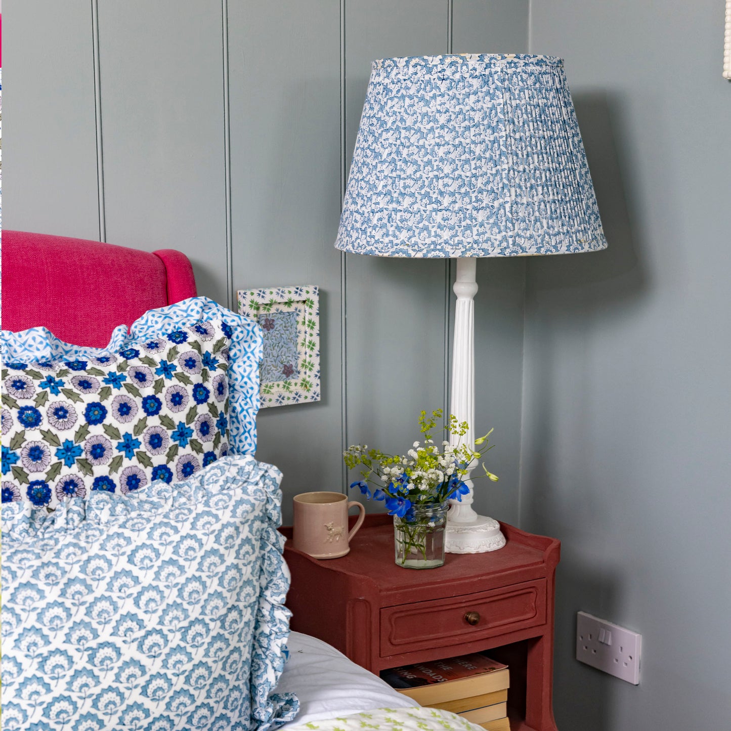 Jennie Gathered Cotton Block Printed Lampshade in Pale Blue