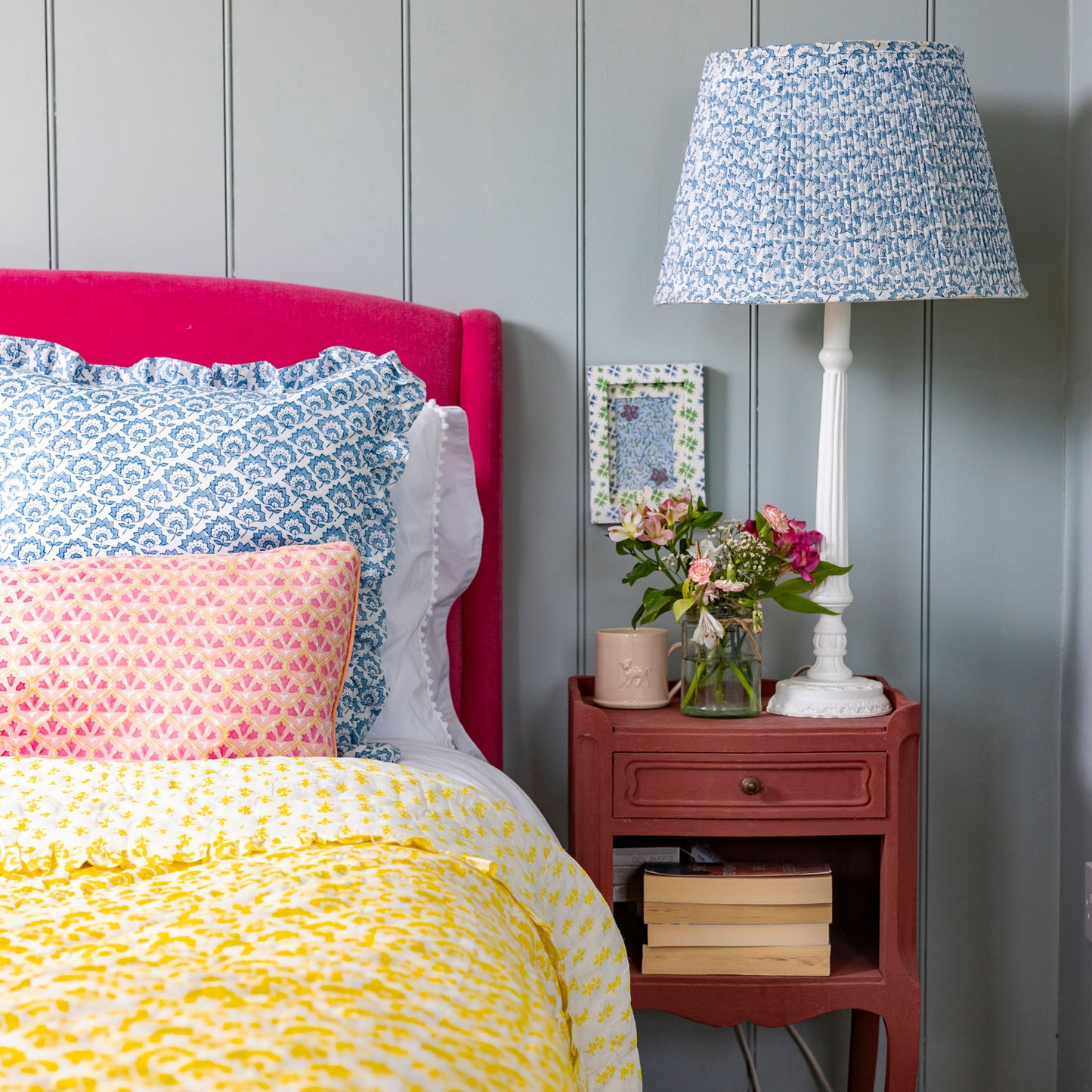 Jennie Gathered Cotton Block Printed Lampshade in Pale Blue