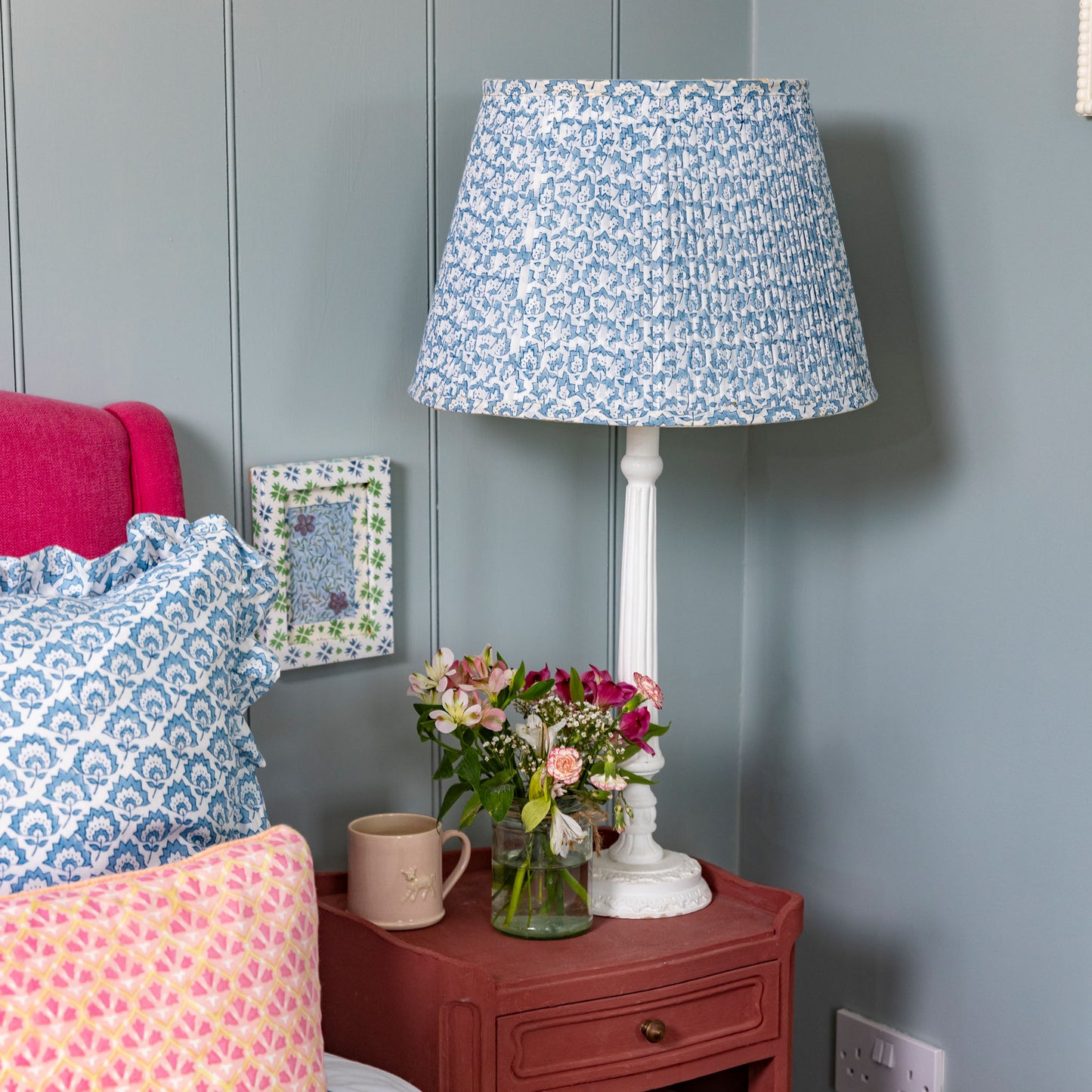 Jennie Gathered Cotton Block Printed Lampshade in Pale Blue