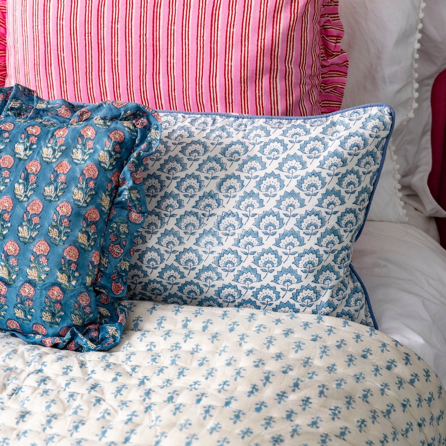 Lumbar hand block piped trim cushion - Jennie in Pale Blue