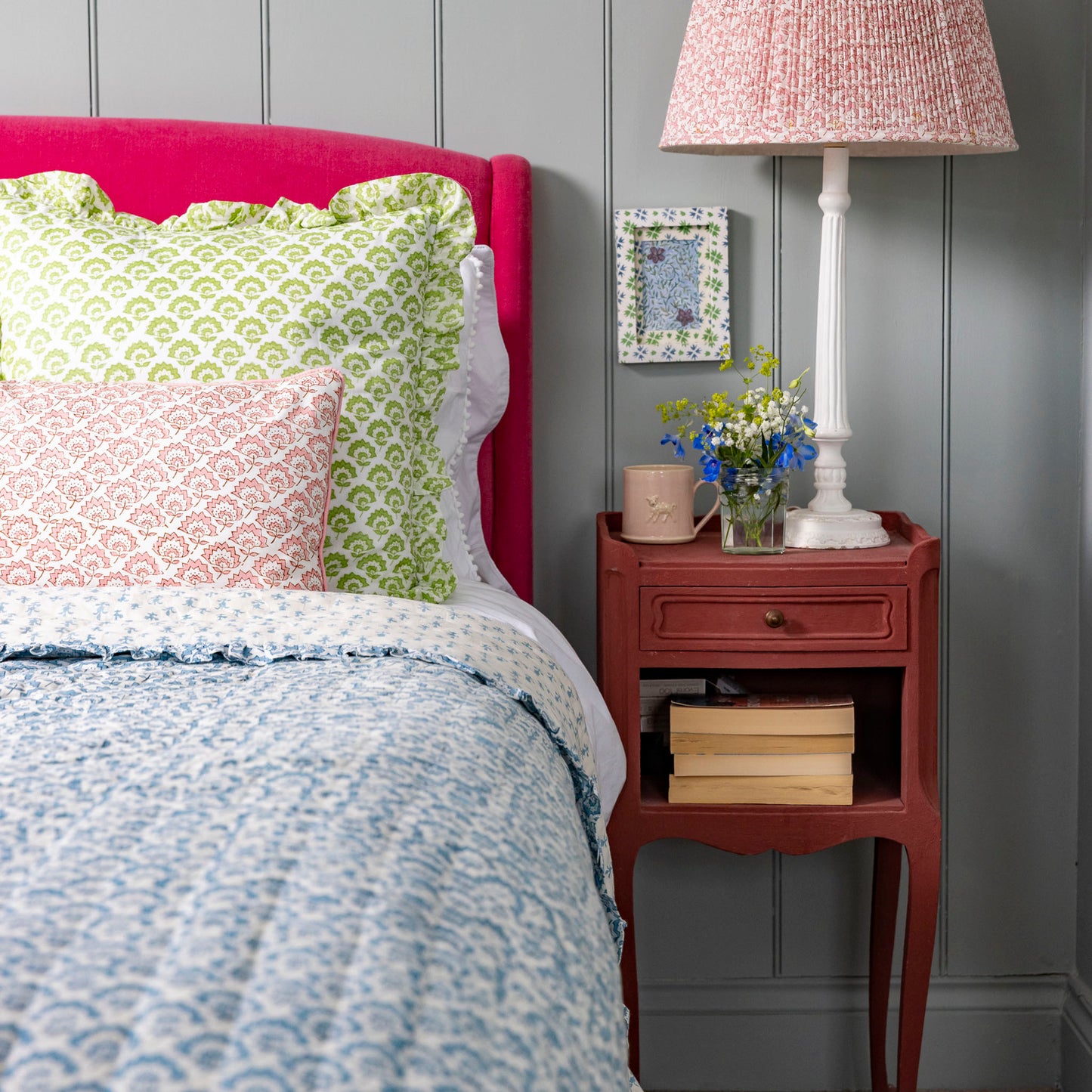 Jennie Handmade Block Print Cotton Quilt in Pale Blue