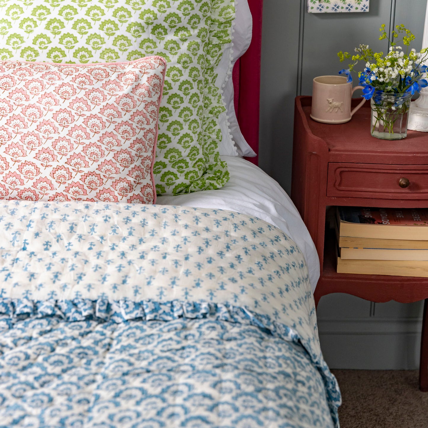 Jennie Handmade Block Print Cotton Quilt in Pale Blue