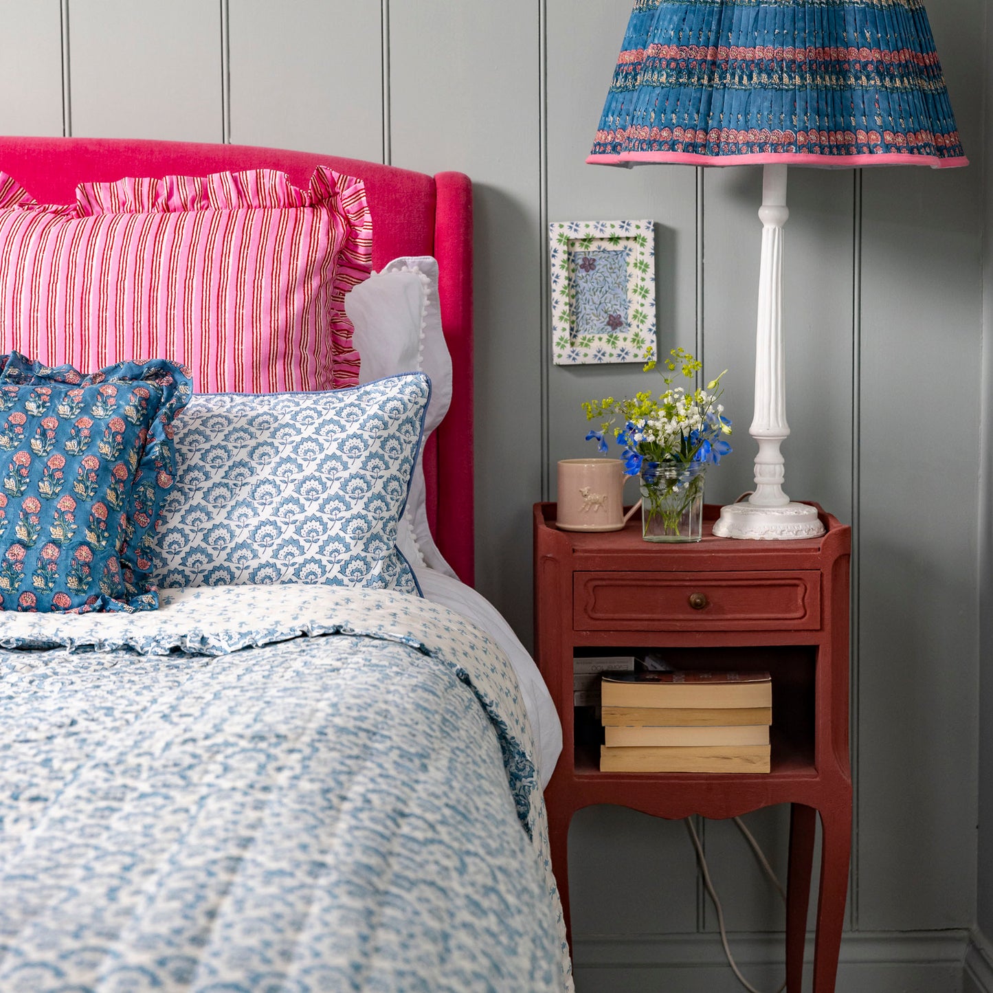 Jennie Handmade Block Print Cotton Quilt in Pale Blue