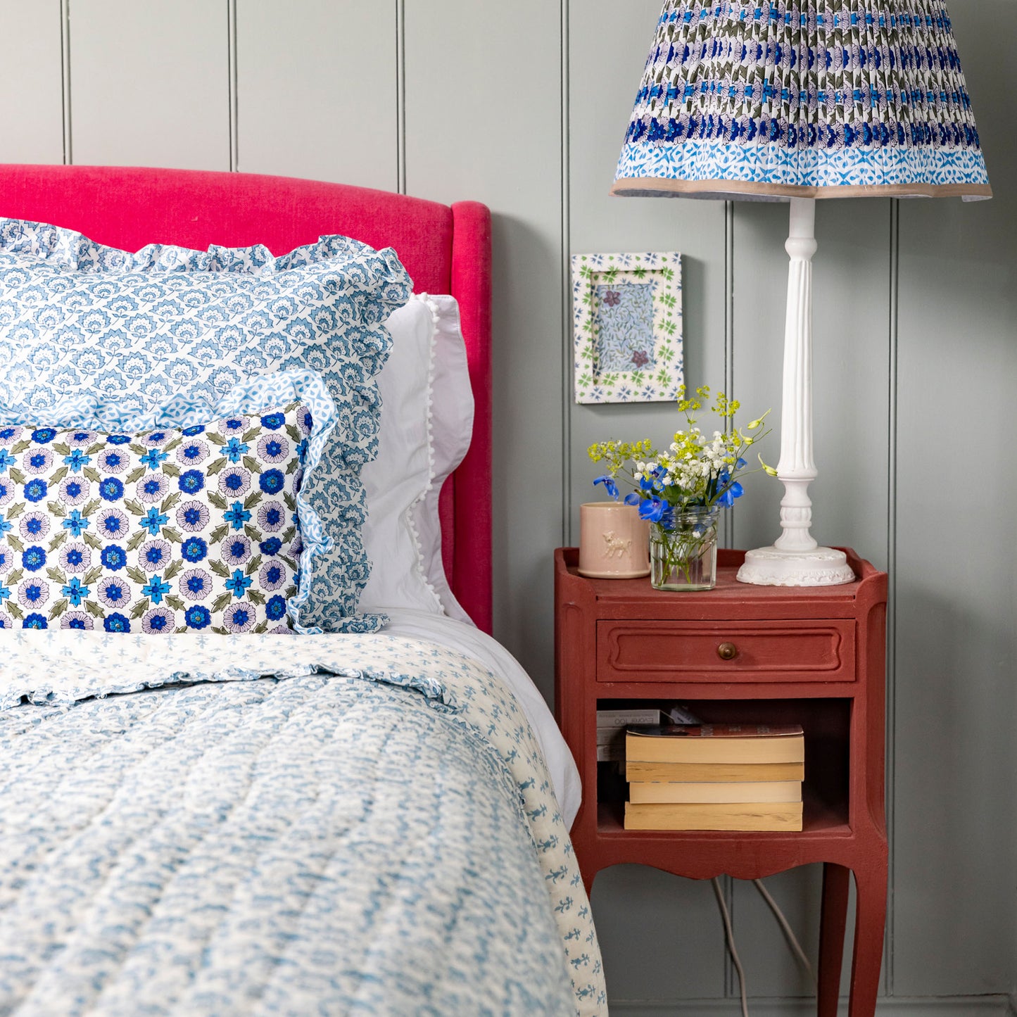 Jennie Handmade Block Print Cotton Quilt in Pale Blue