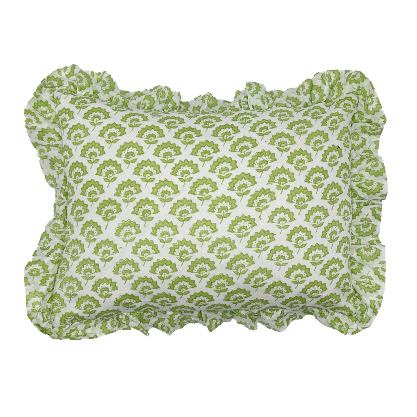 Hand block frilled cotton cushion - Jennie in Green