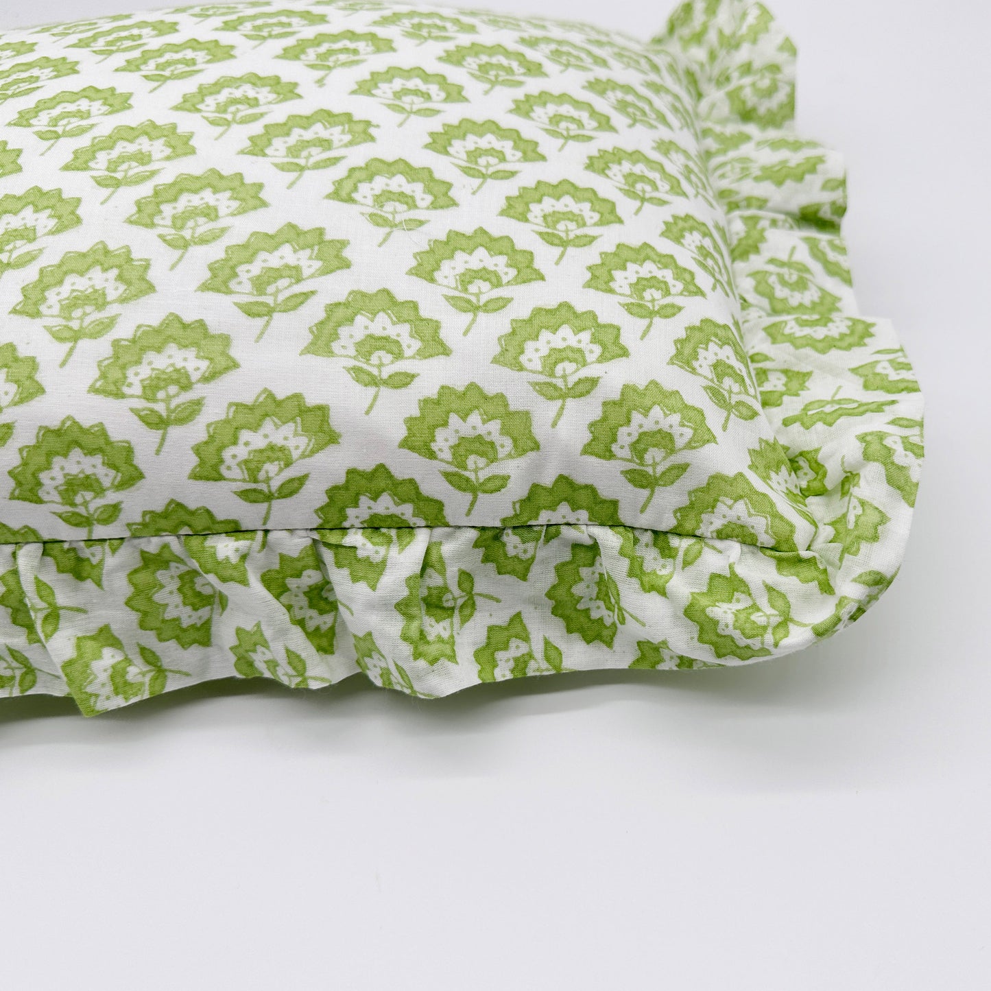 Hand block frilled cotton cushion - Jennie in Green