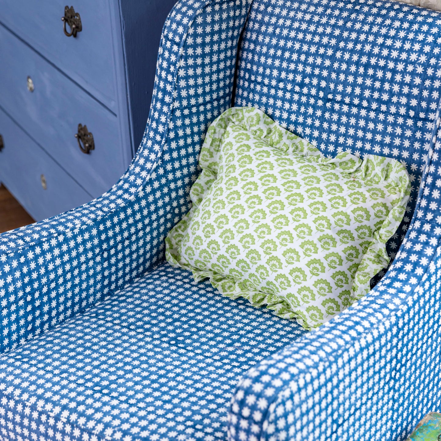 Hand block frilled cotton cushion - Jennie in Green