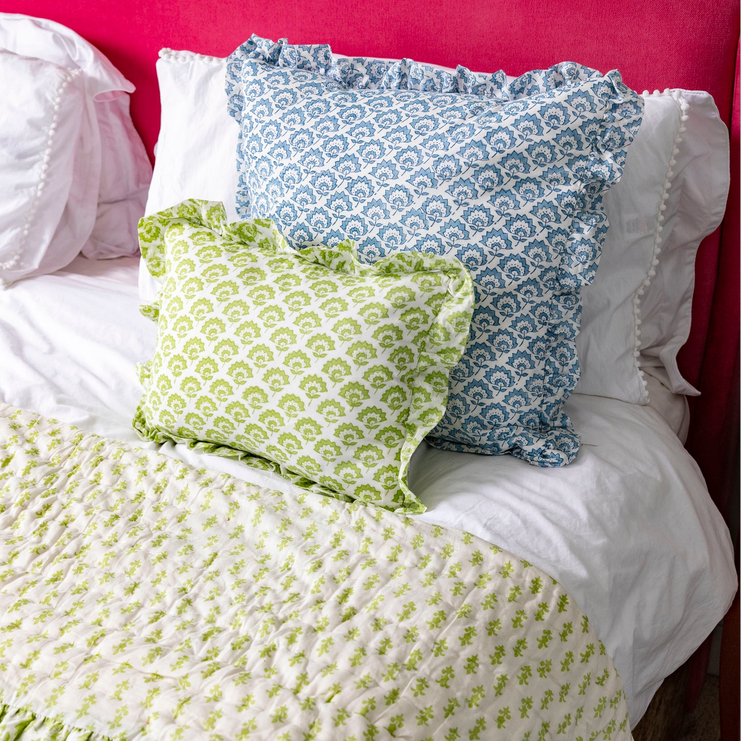 Hand block frilled cotton cushion - Jennie in Green