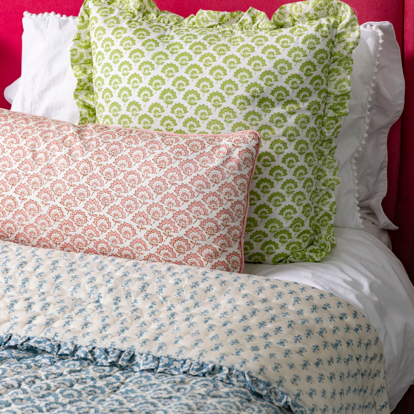 Large hand block frilled cotton cushion - Jennie in Green