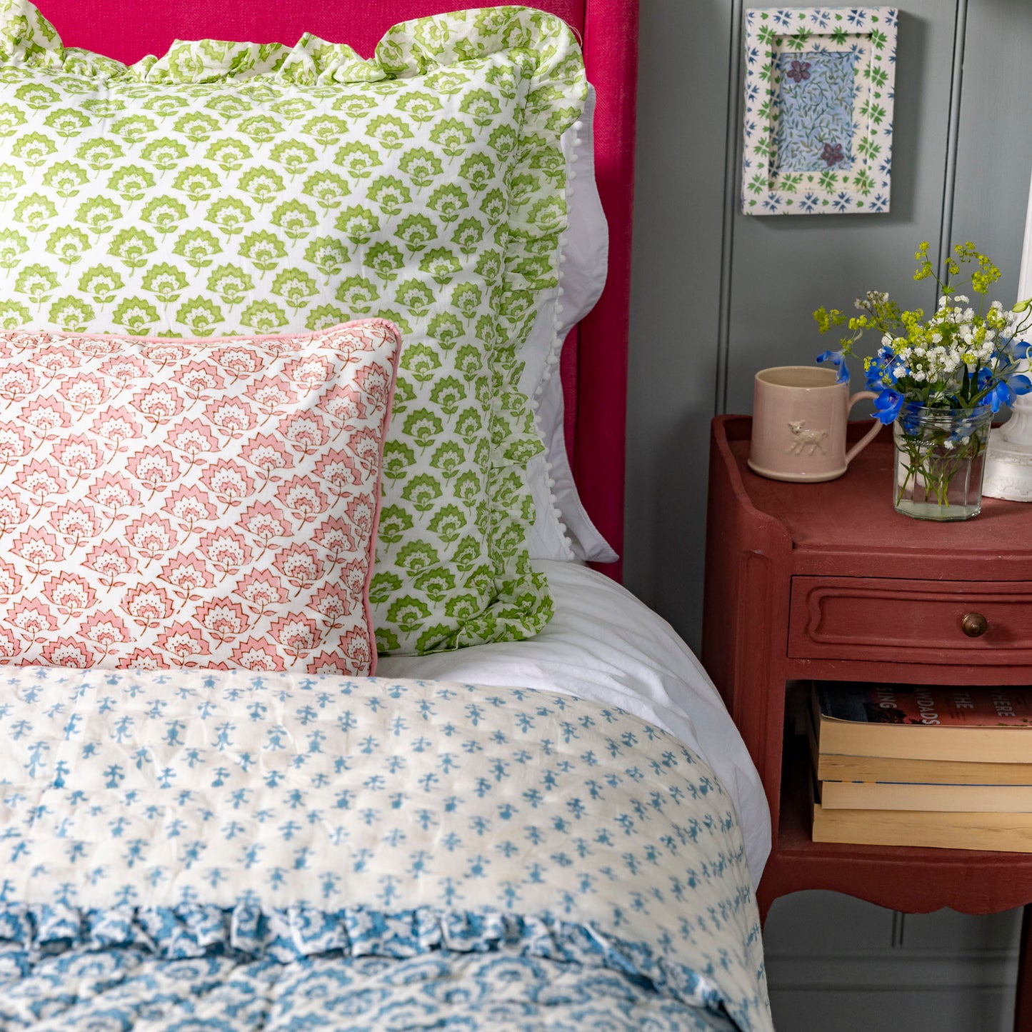 Large hand block frilled cotton cushion - Jennie in Green