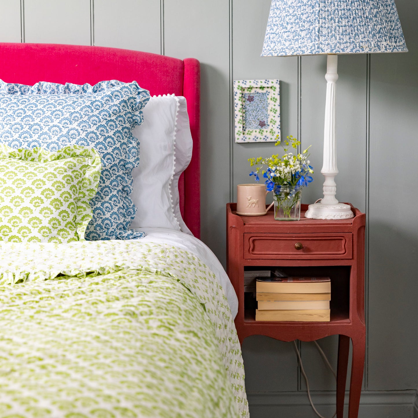 Hand block frilled cotton cushion - Jennie in Green