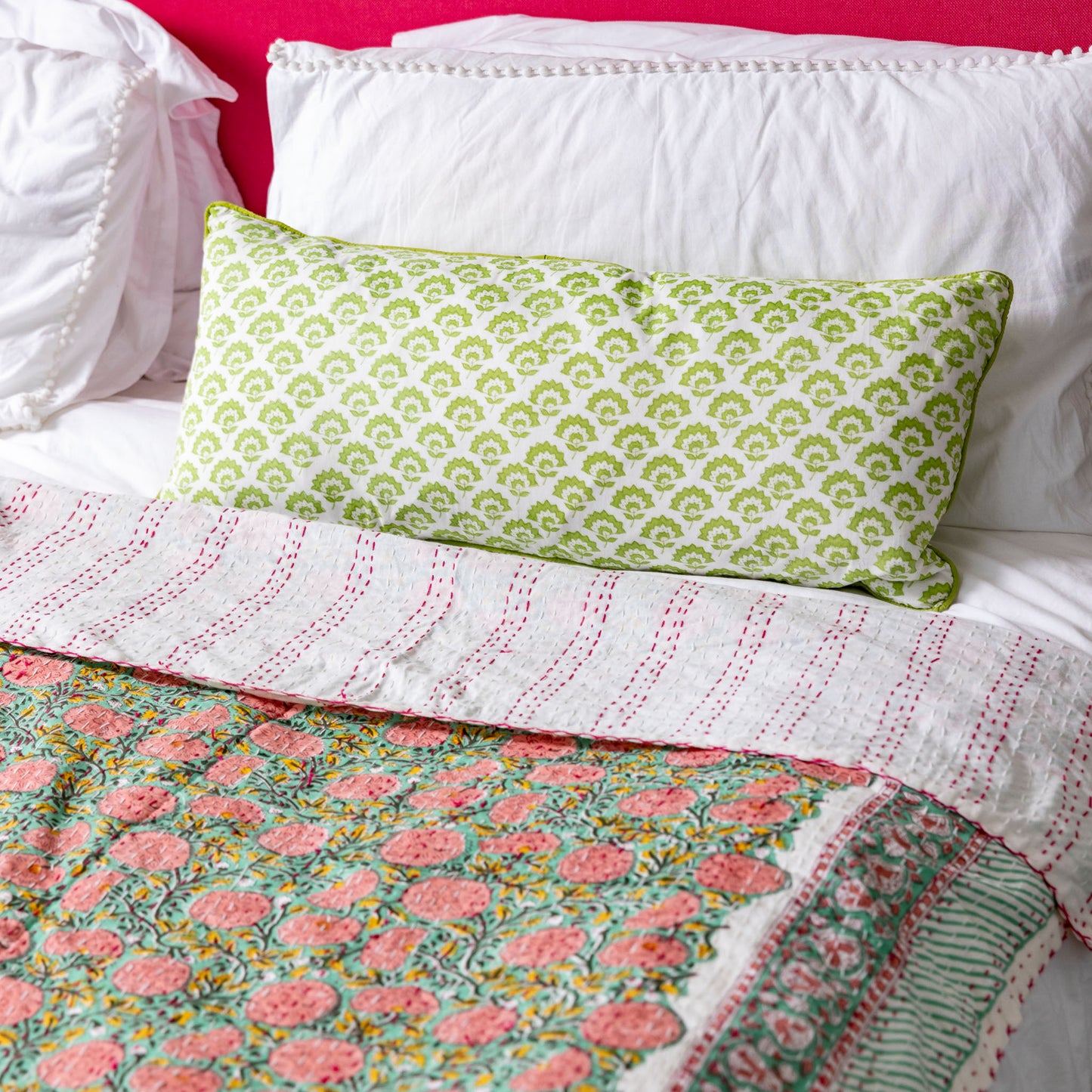 Lumbar hand block piped trim cushion - Jennie in Green