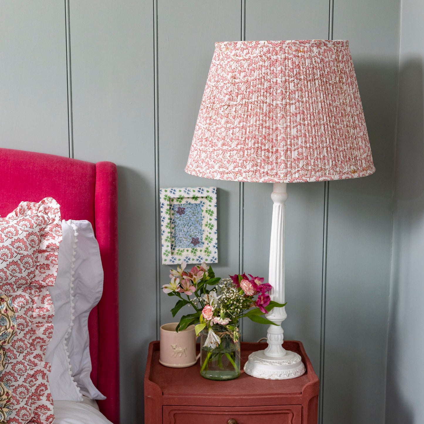 Jennie Gathered Cotton Block Printed Lampshade in Pale Rose Pink