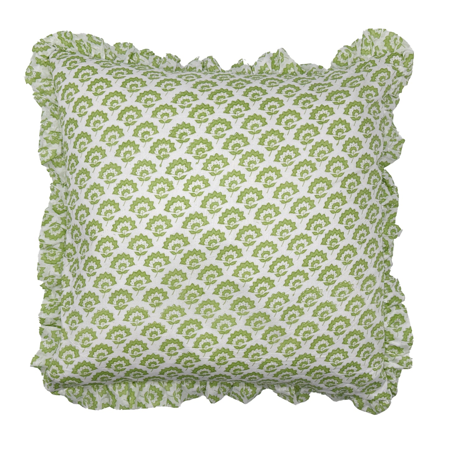 Large hand block frilled cotton cushion - Jennie in Green