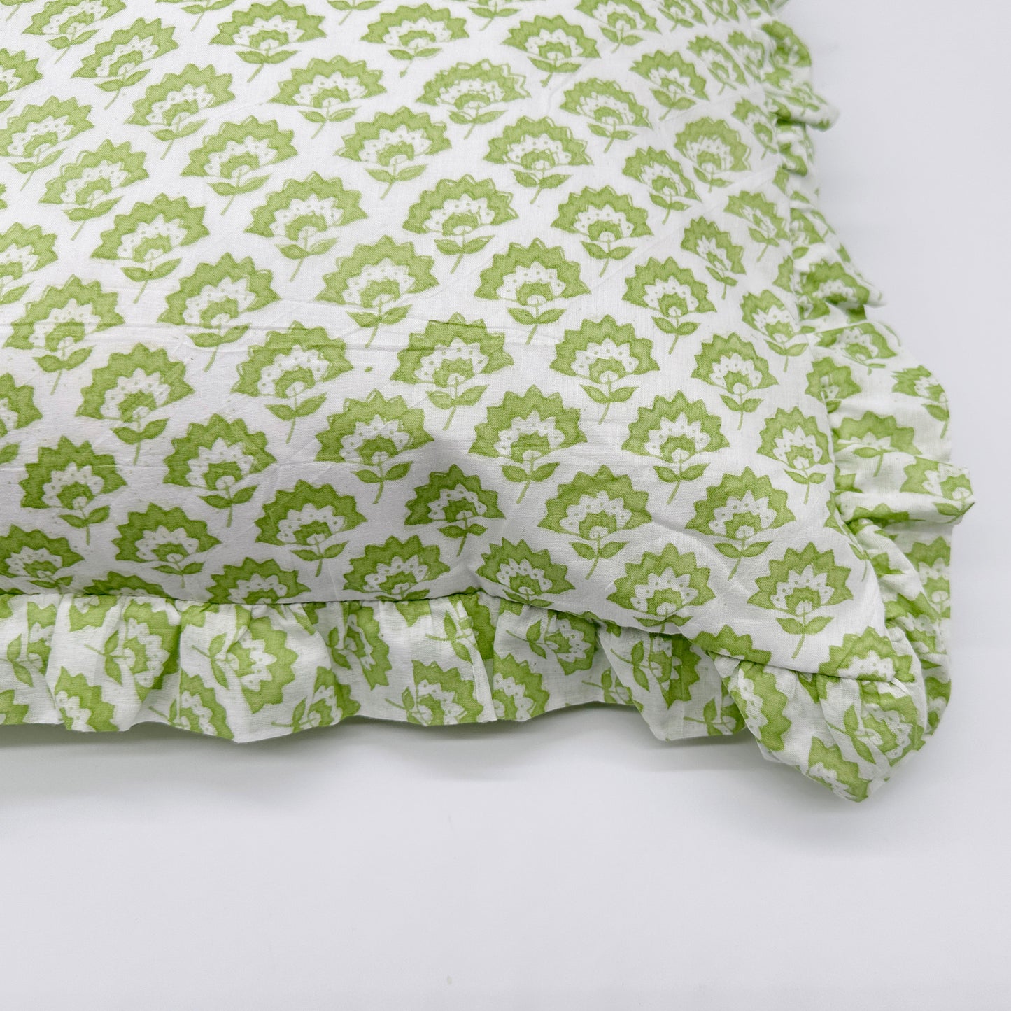 Large hand block frilled cotton cushion - Jennie in Green