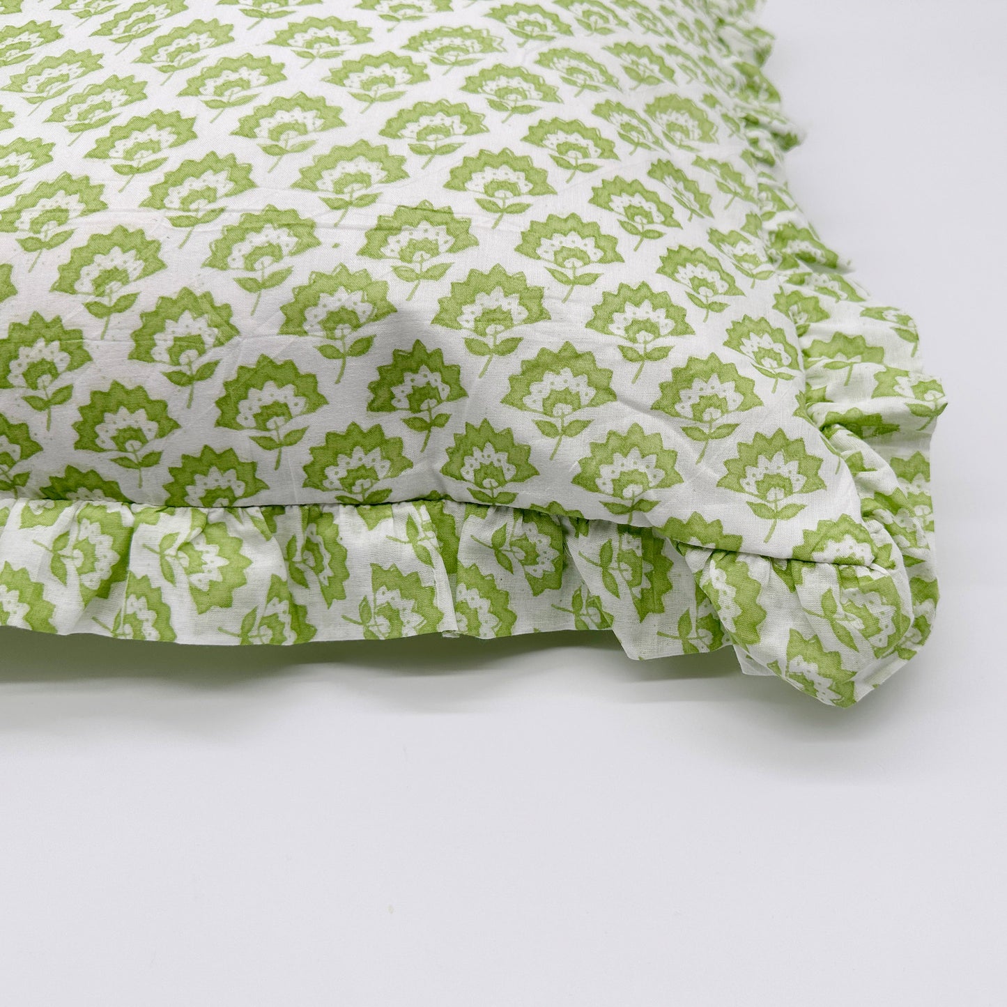 Large hand block frilled cotton cushion - Jennie in Green