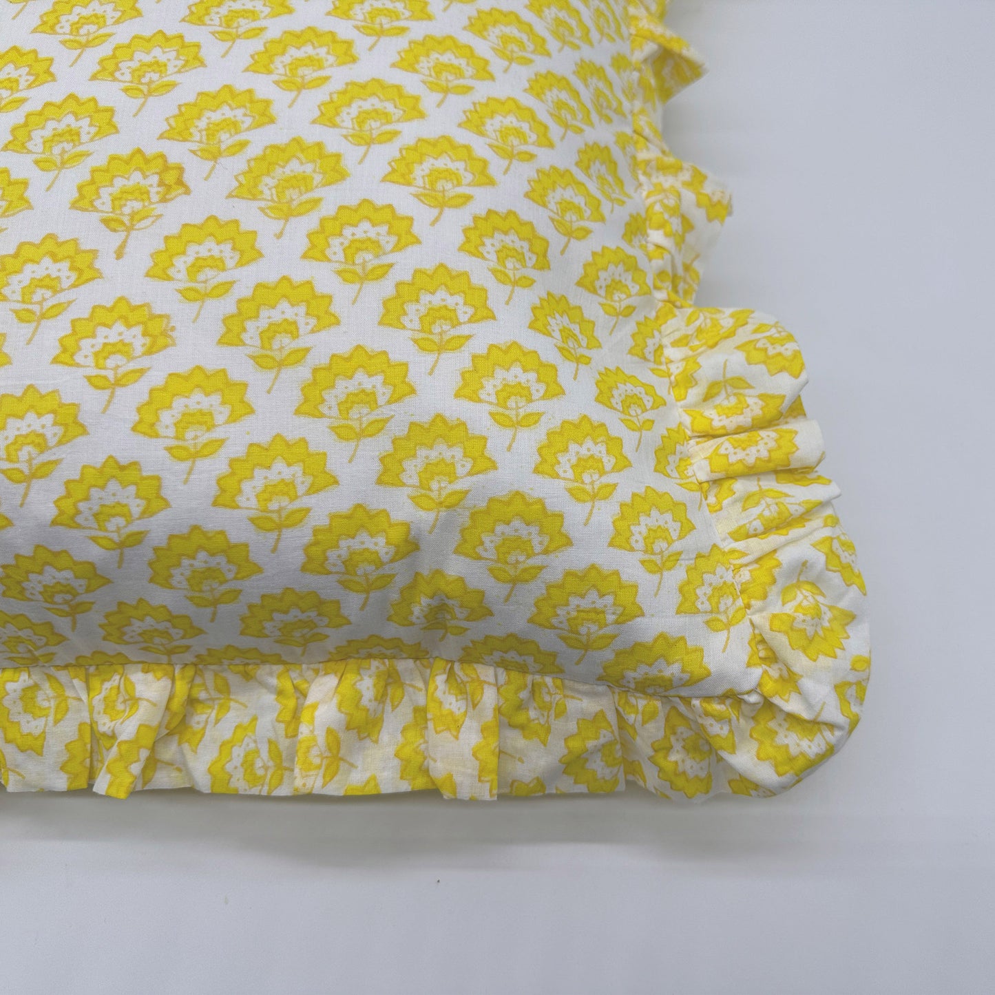 Large hand block frilled cotton cushion - Jennie in Yellow
