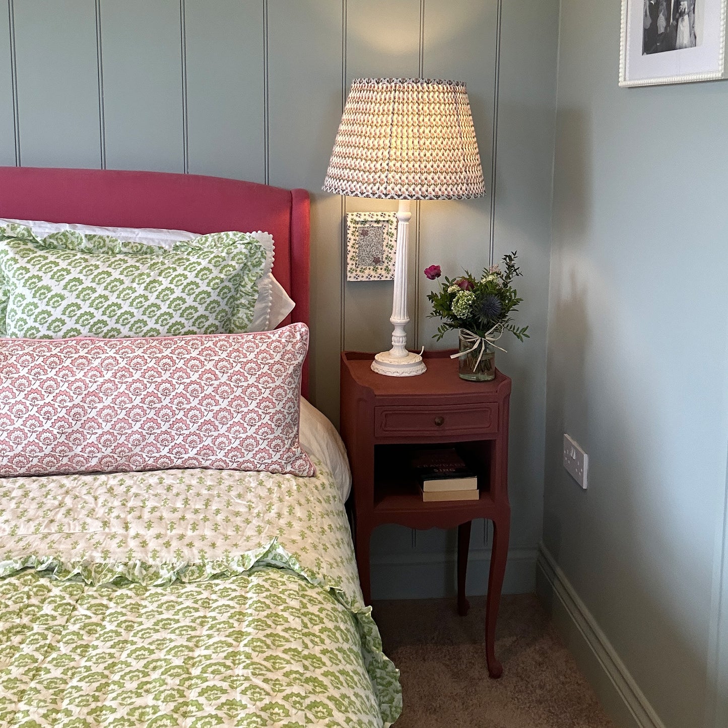 Large hand block frilled cotton cushion - Jennie in Green