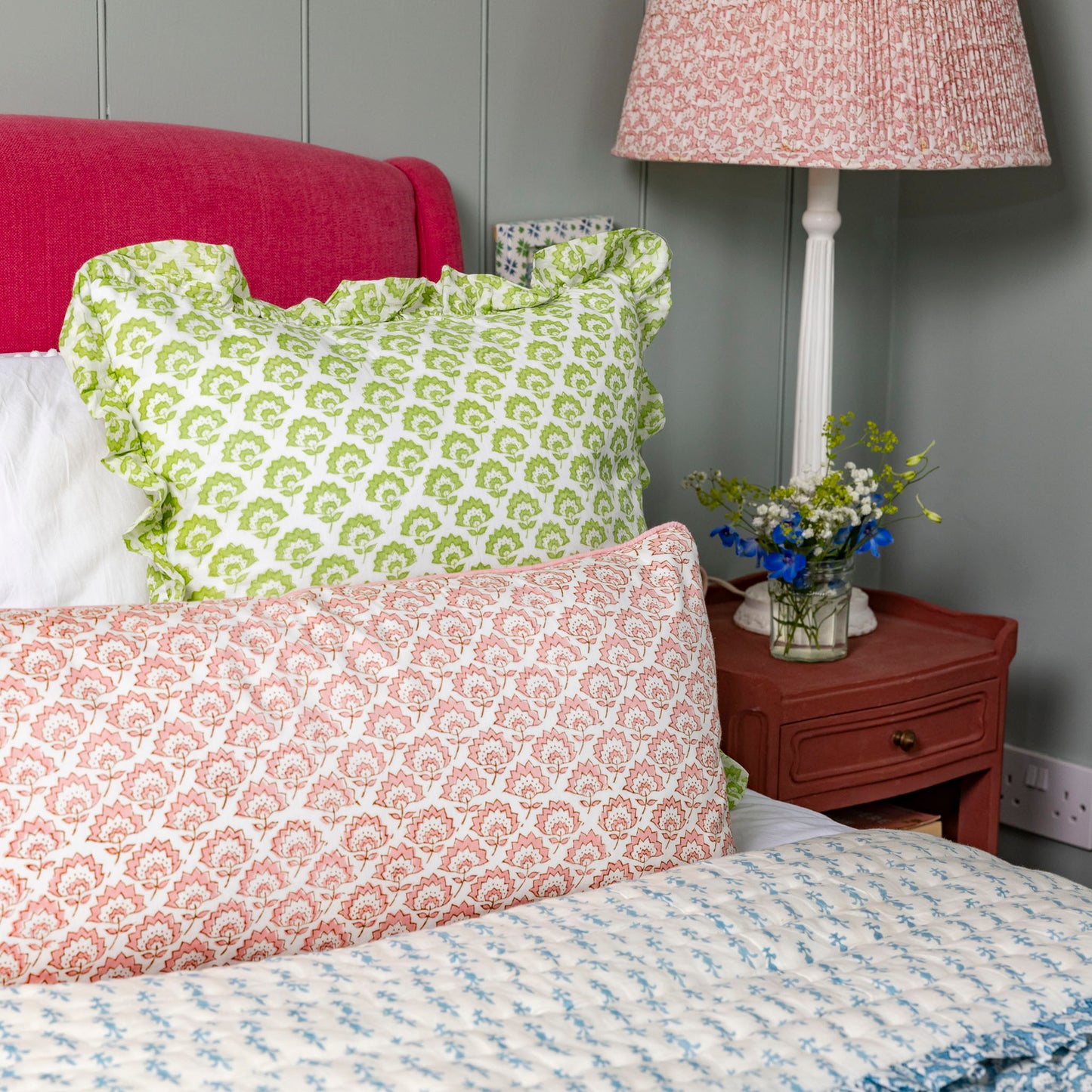 Lumbar hand block piped trim cushion - Jennie in Pale Pink