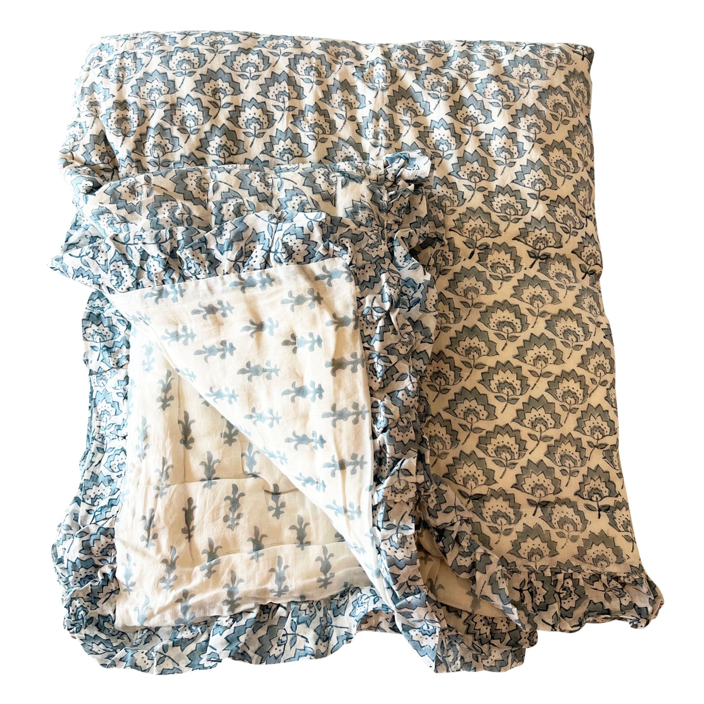 Jennie Handmade Block Print Cotton Quilt in Pale Blue