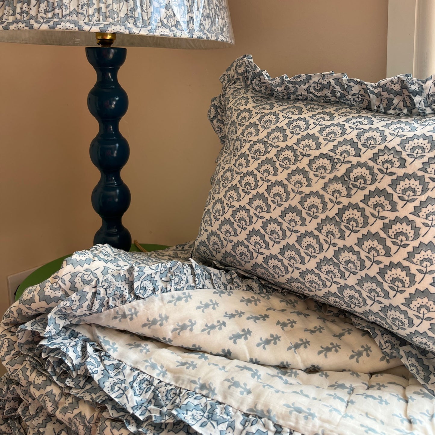 Jennie Handmade Block Print Cotton Quilt in Pale Blue