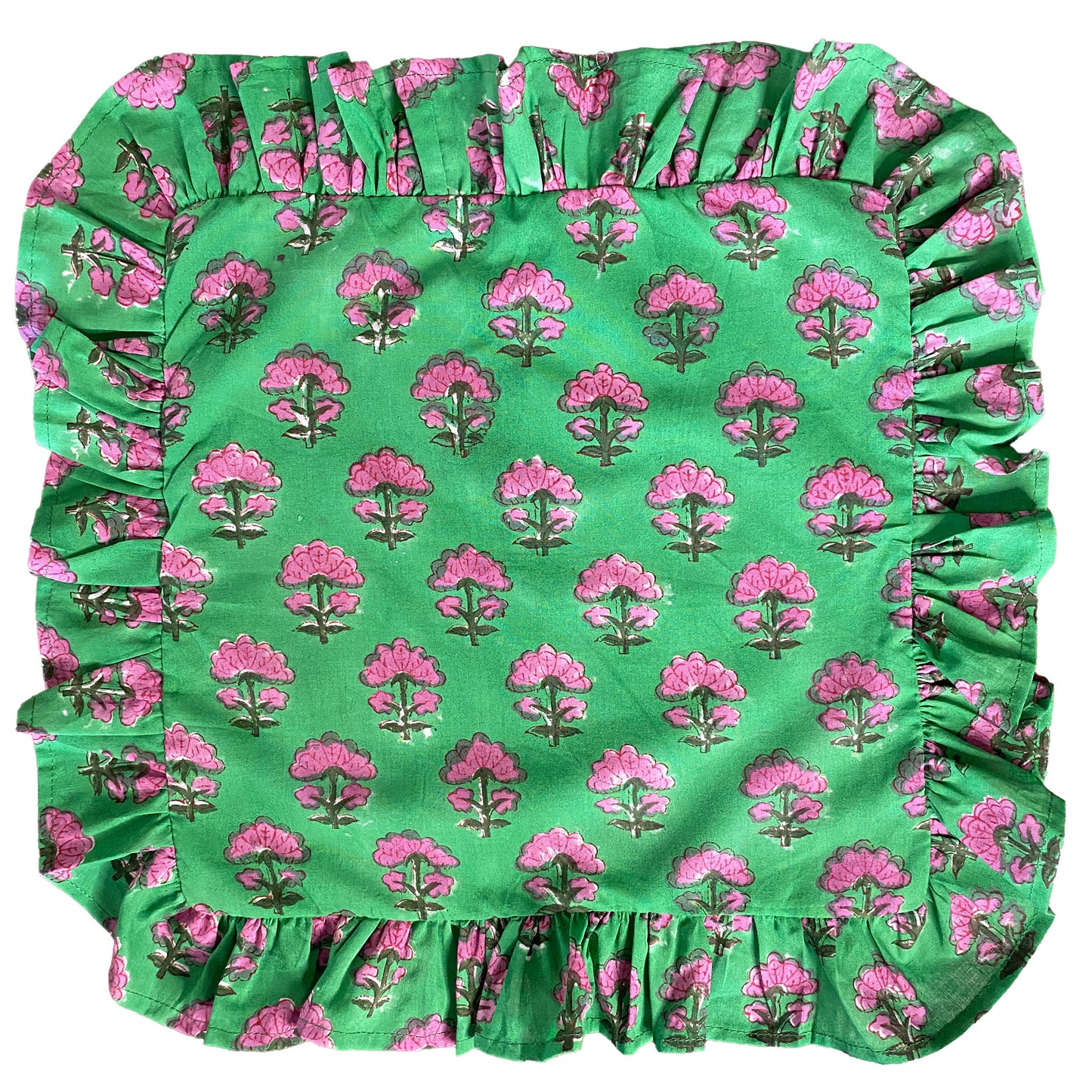 Kitty block printed Napkins (4) - Jewel green with magenta pink flowers