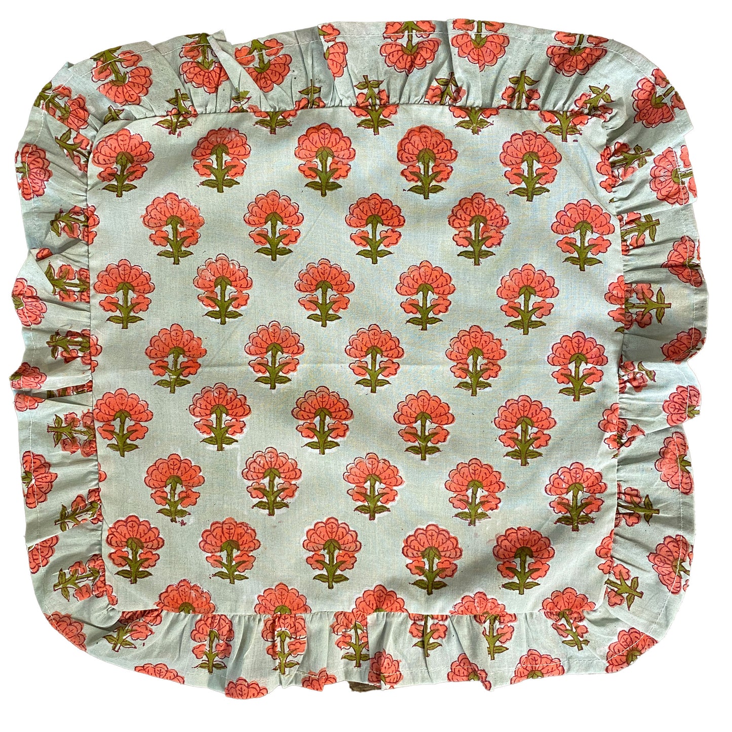 Kitty block printed Napkins (4) - Pale blue with coral and olive green flowers