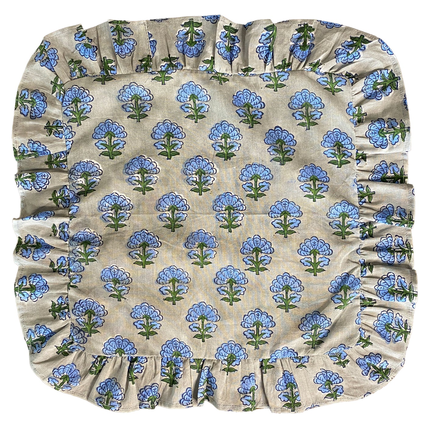 Kitty block printed Napkins (4) - Pale grey with cornflower blue and dark green flowers