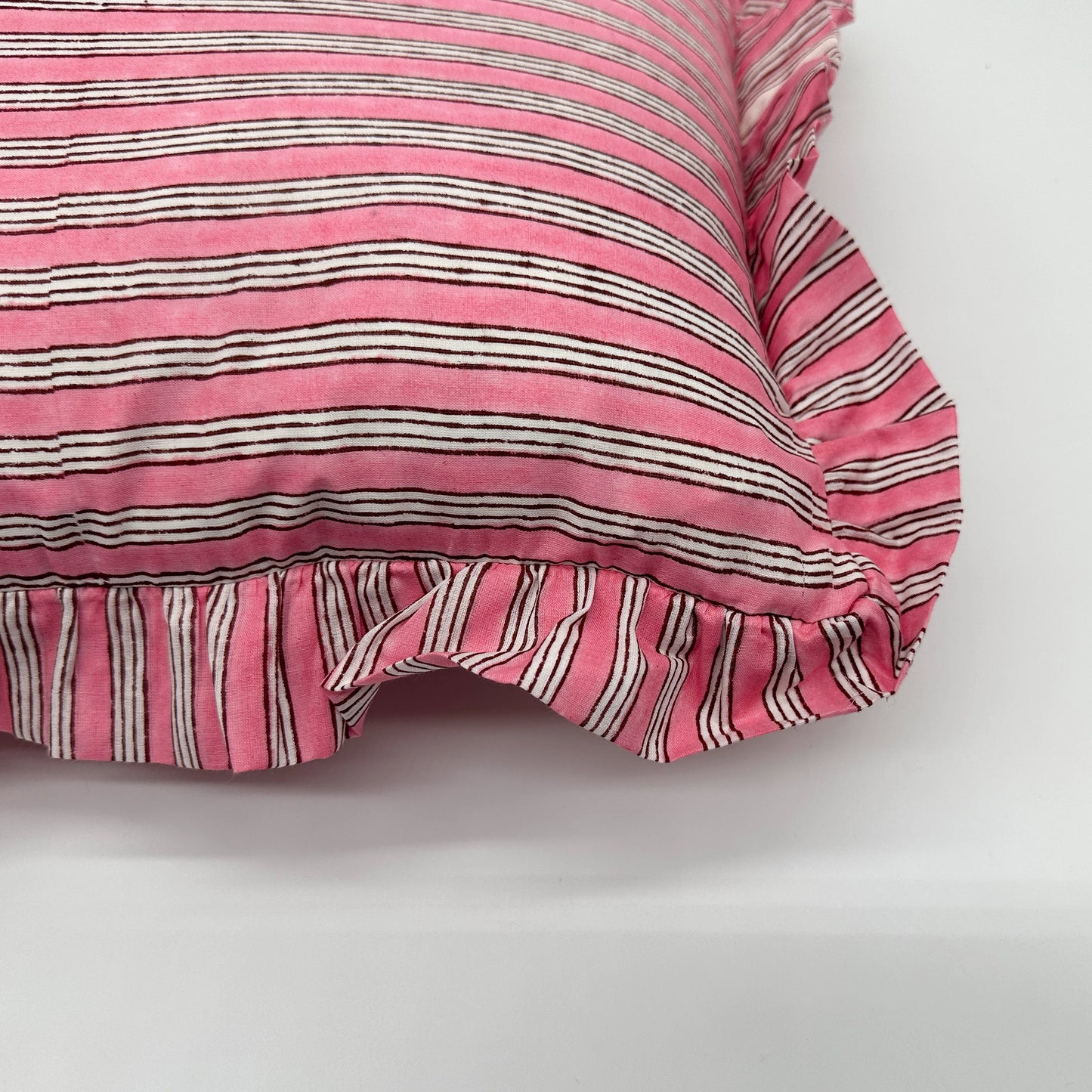 Hand block frilled cotton cushion - Sally in Light Pink